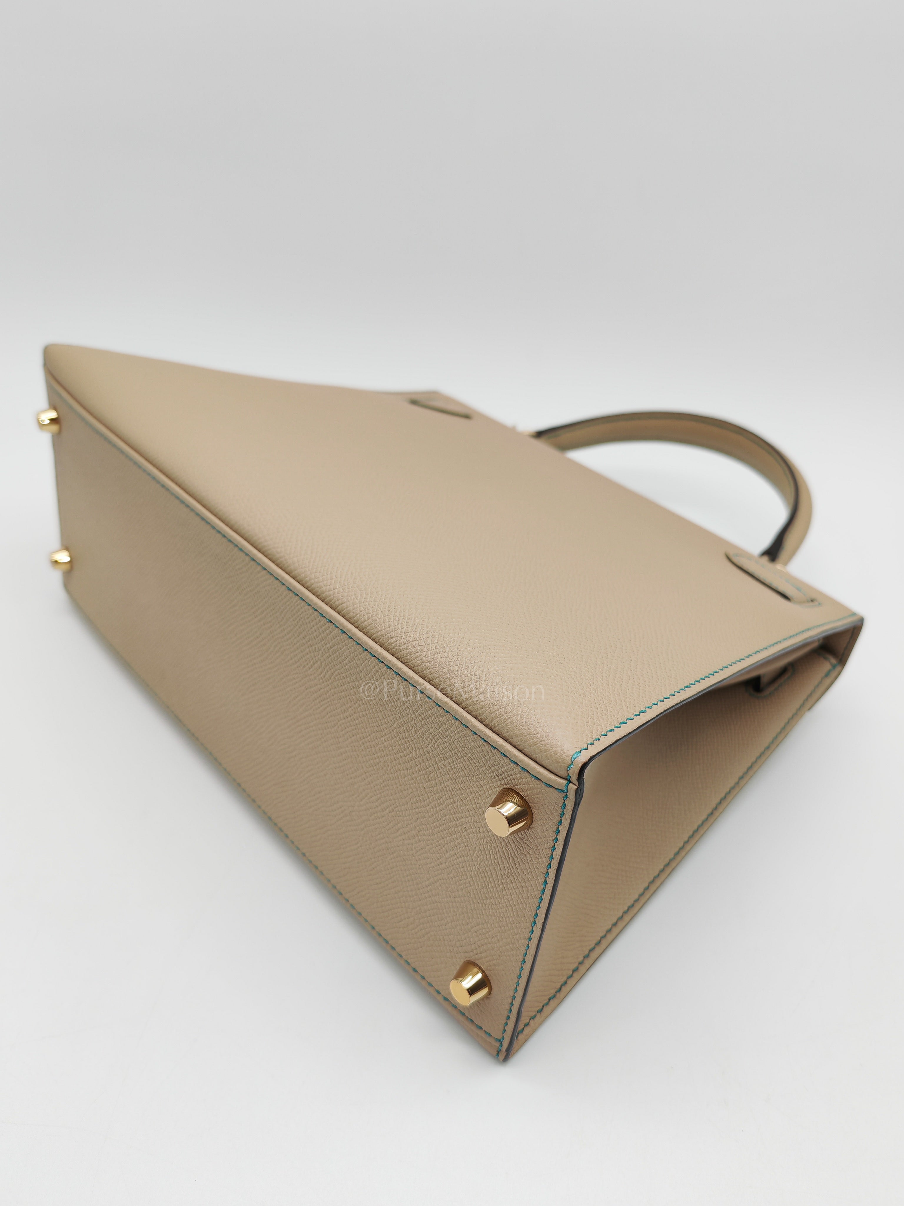 Kelly 28 Sellier Dual Color Trench/Turquoise Epsom Leather in Permabrass Hardware Stamp A(2017) | Purse Maison Luxury Bags Shop