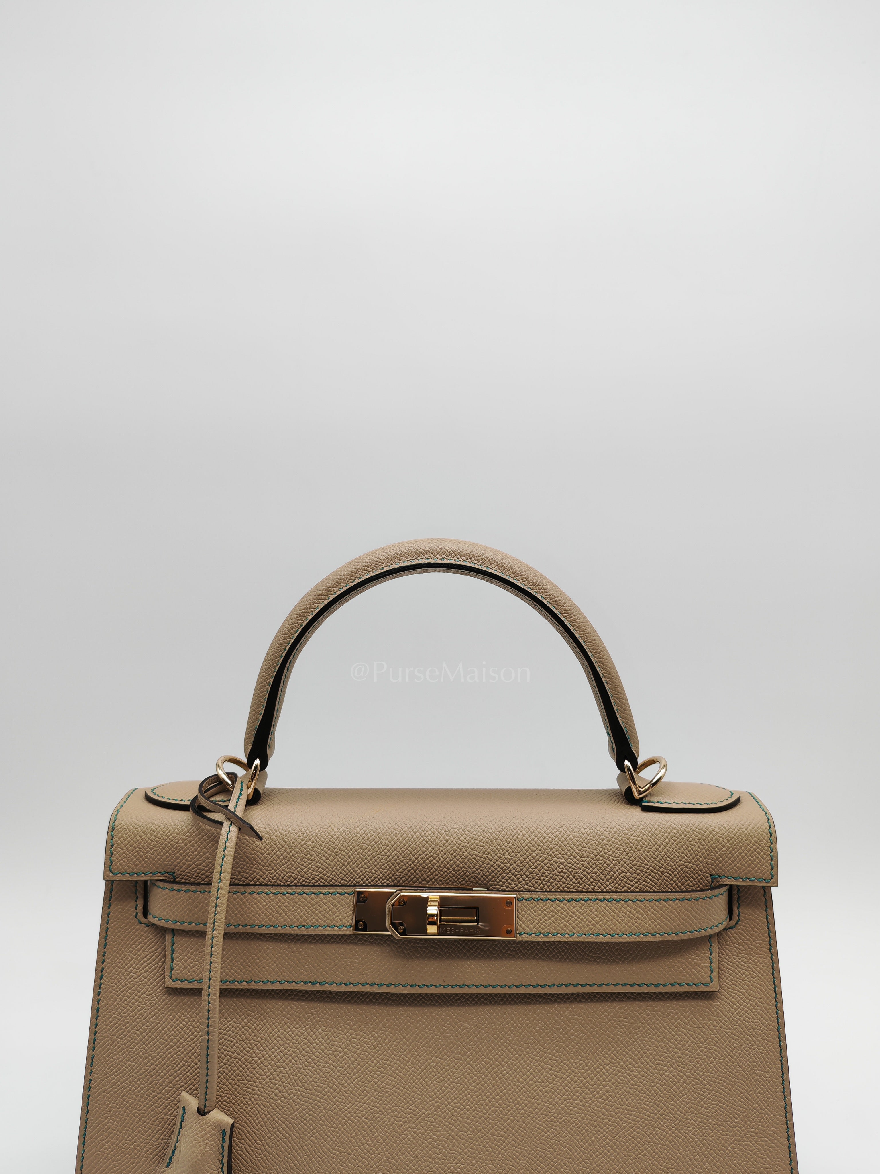 Kelly 28 Sellier Dual Color Trench/Turquoise Epsom Leather in Permabrass Hardware Stamp A(2017) | Purse Maison Luxury Bags Shop