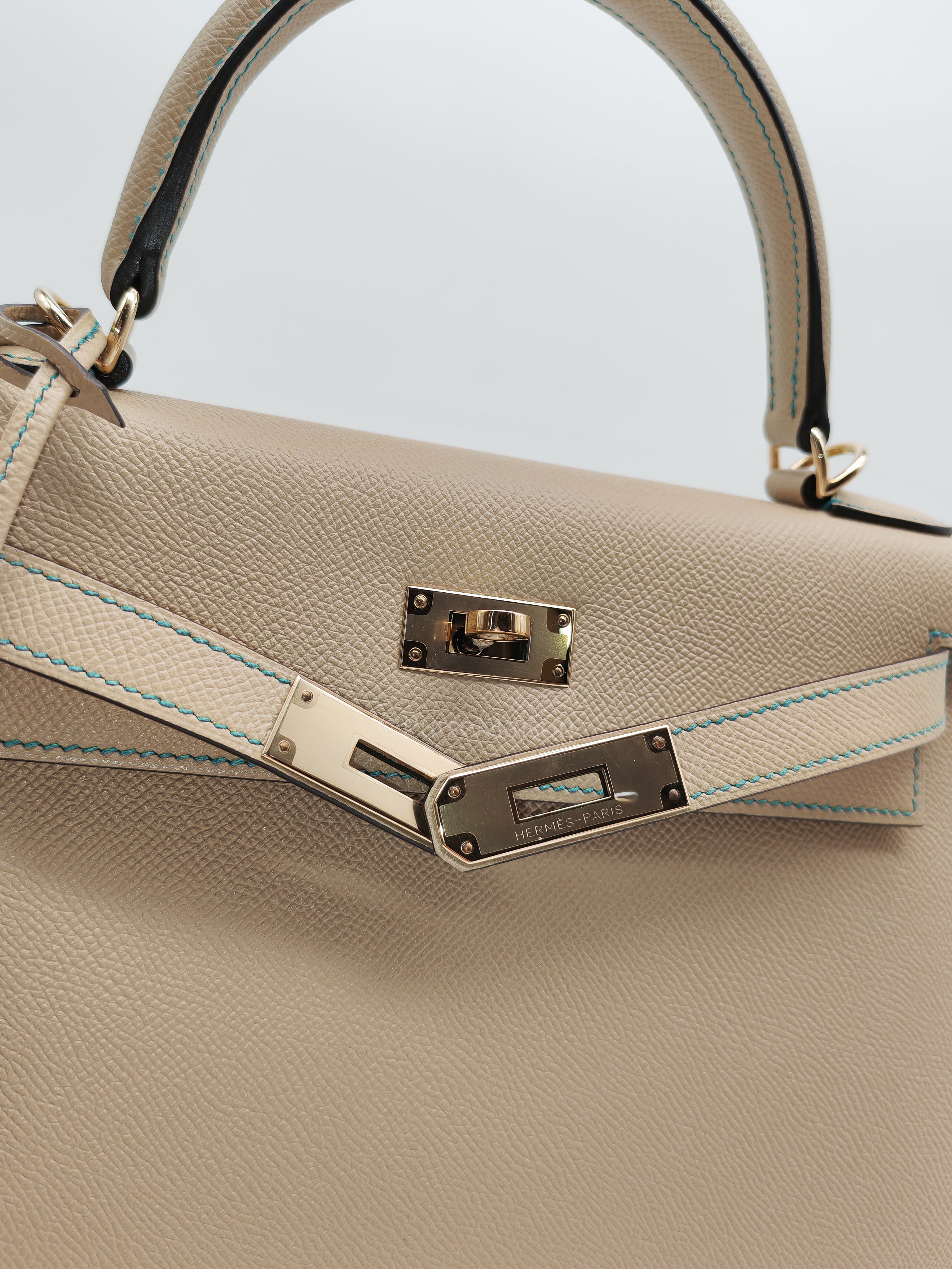 Kelly 28 Sellier Dual Color Trench/Turquoise Epsom Leather in Permabrass Hardware Stamp A(2017) | Purse Maison Luxury Bags Shop