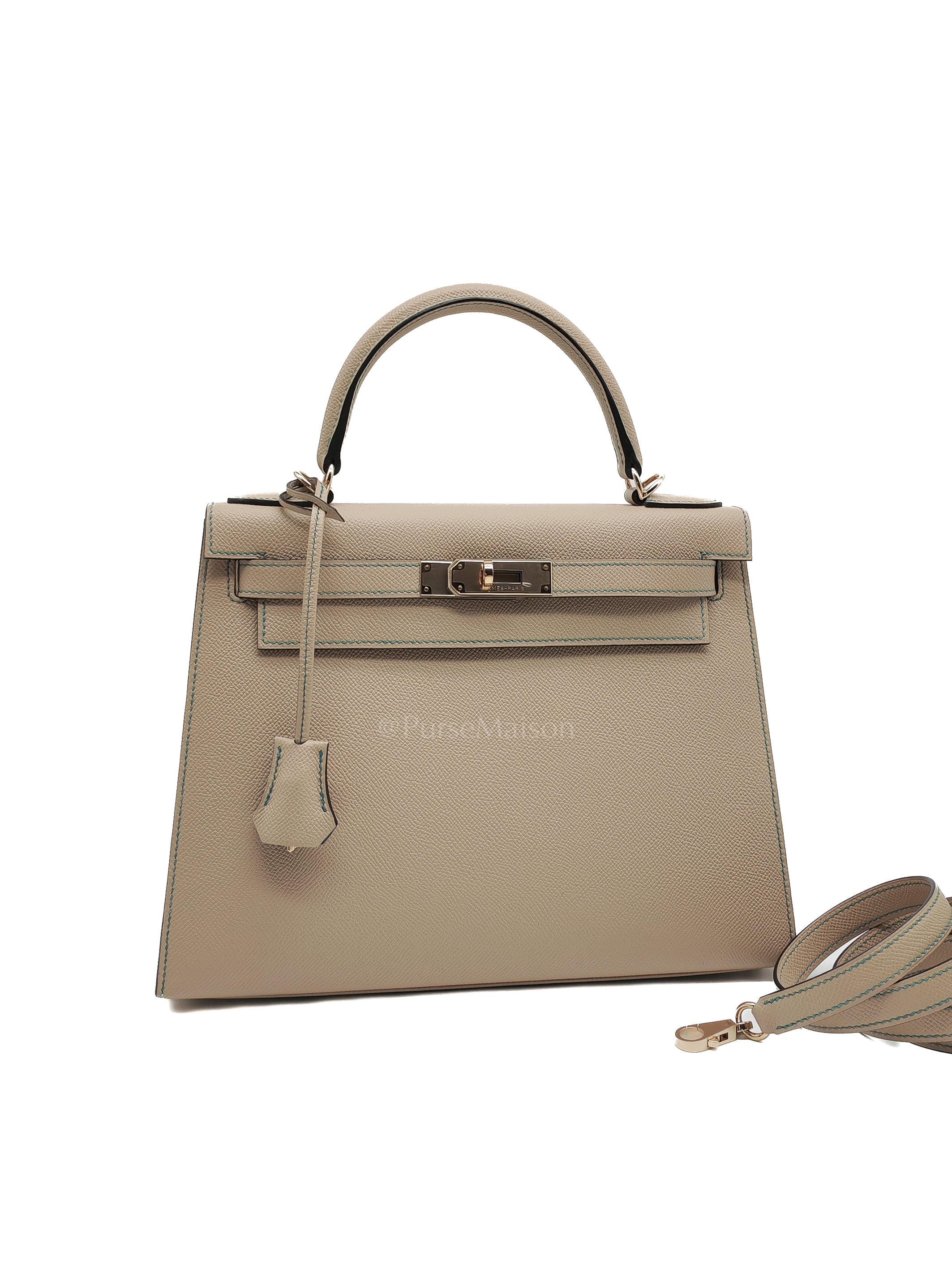 Kelly 28 Sellier Dual Color Trench/Turquoise Epsom Leather in Permabrass Hardware Stamp A(2017) | Purse Maison Luxury Bags Shop