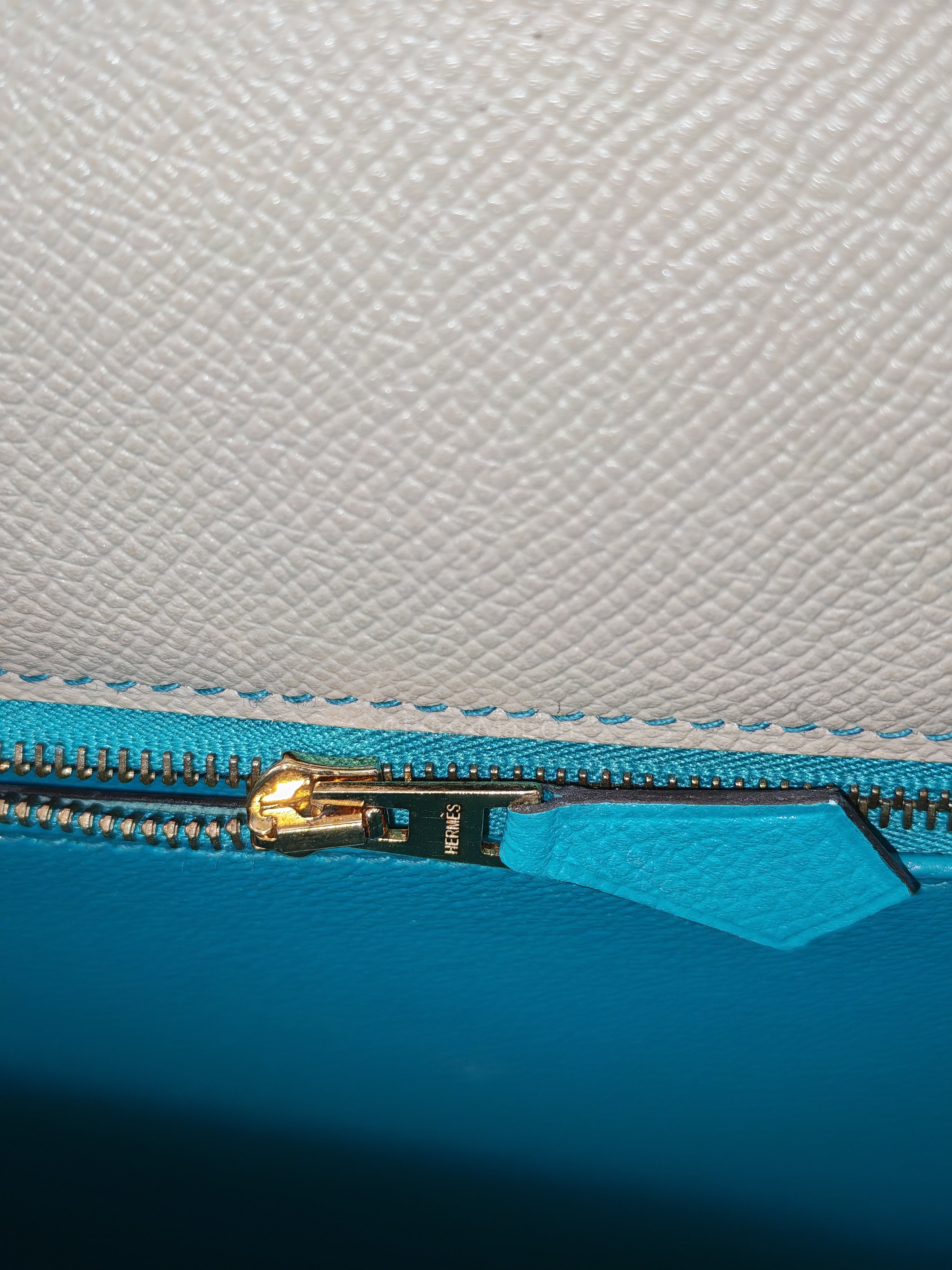 Kelly 28 Sellier Dual Color Trench/Turquoise Epsom Leather in Permabrass Hardware Stamp A(2017) | Purse Maison Luxury Bags Shop