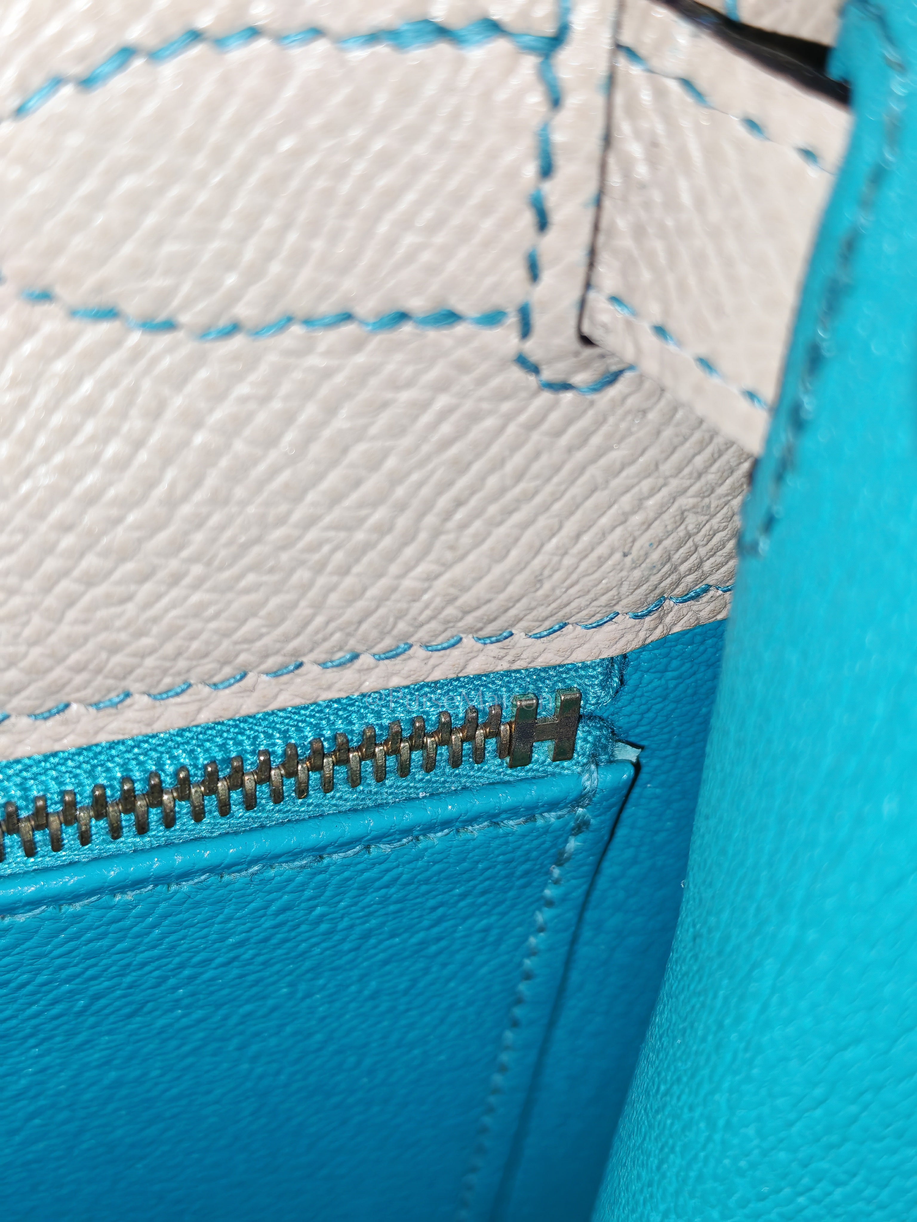 Kelly 28 Sellier Dual Color Trench/Turquoise Epsom Leather in Permabrass Hardware Stamp A(2017) | Purse Maison Luxury Bags Shop