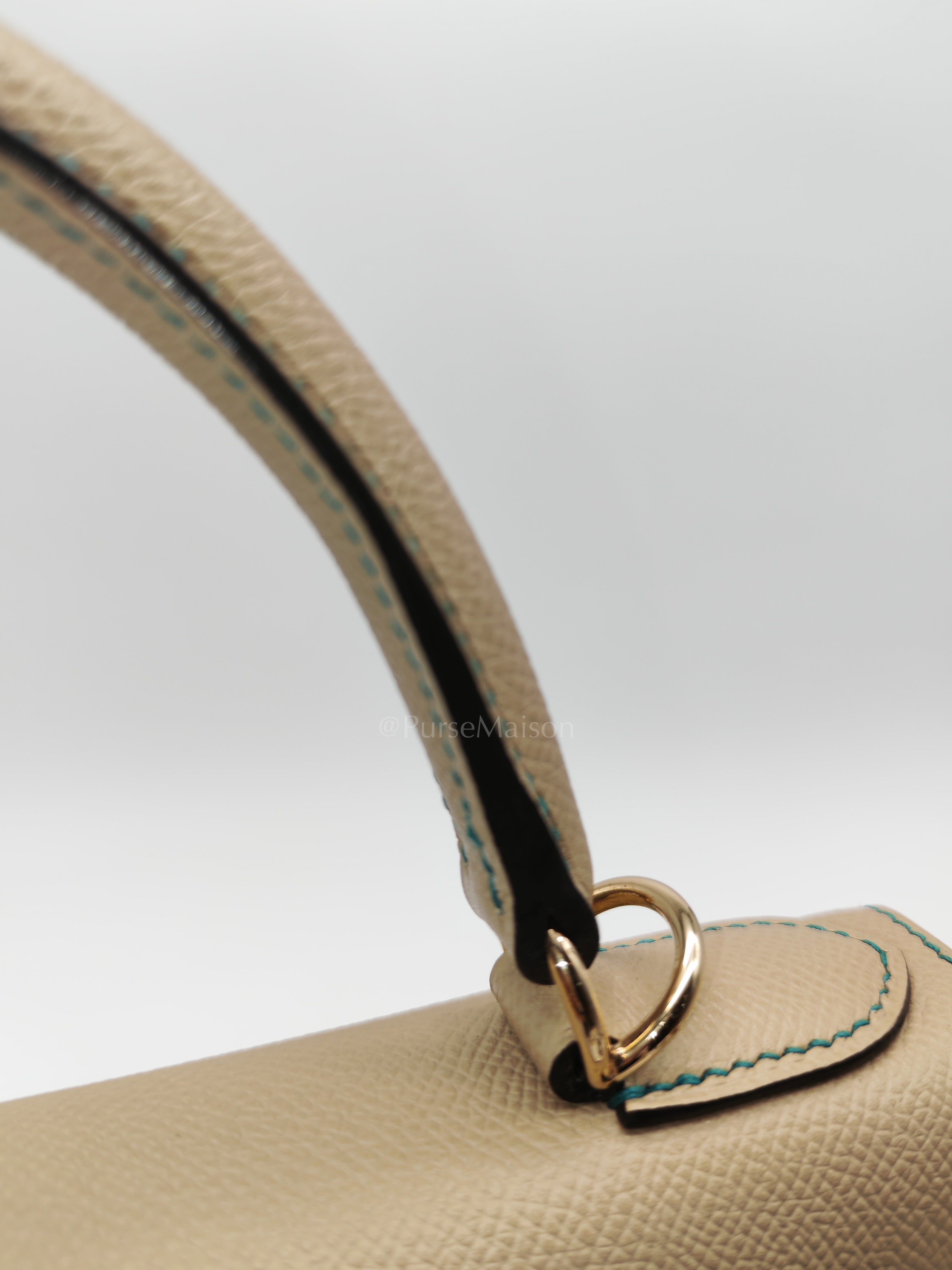 Kelly 28 Sellier Dual Color Trench/Turquoise Epsom Leather in Permabrass Hardware Stamp A(2017) | Purse Maison Luxury Bags Shop
