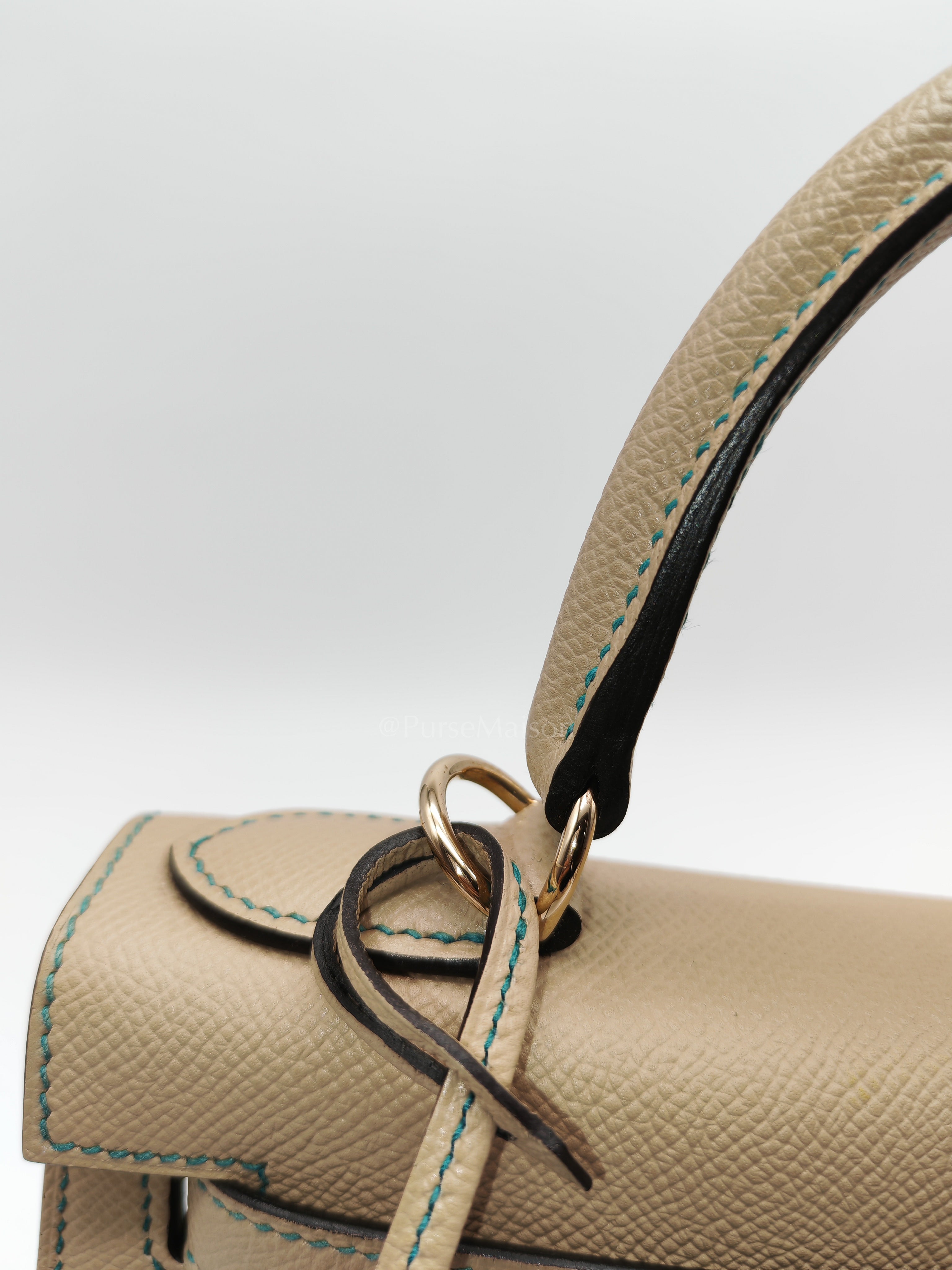Kelly 28 Sellier Dual Color Trench/Turquoise Epsom Leather in Permabrass Hardware Stamp A(2017) | Purse Maison Luxury Bags Shop