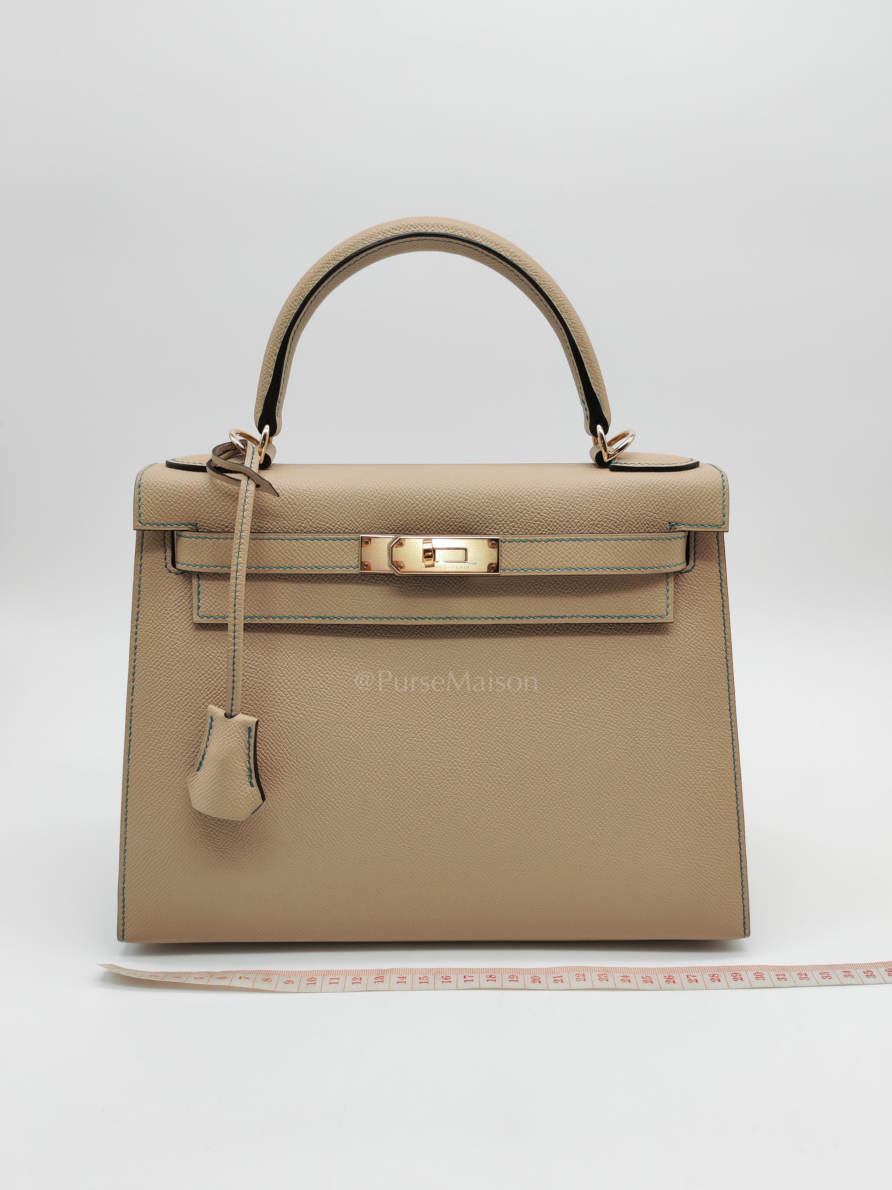 Kelly 28 Sellier Dual Color Trench/Turquoise Epsom Leather in Permabrass Hardware Stamp A(2017) | Purse Maison Luxury Bags Shop