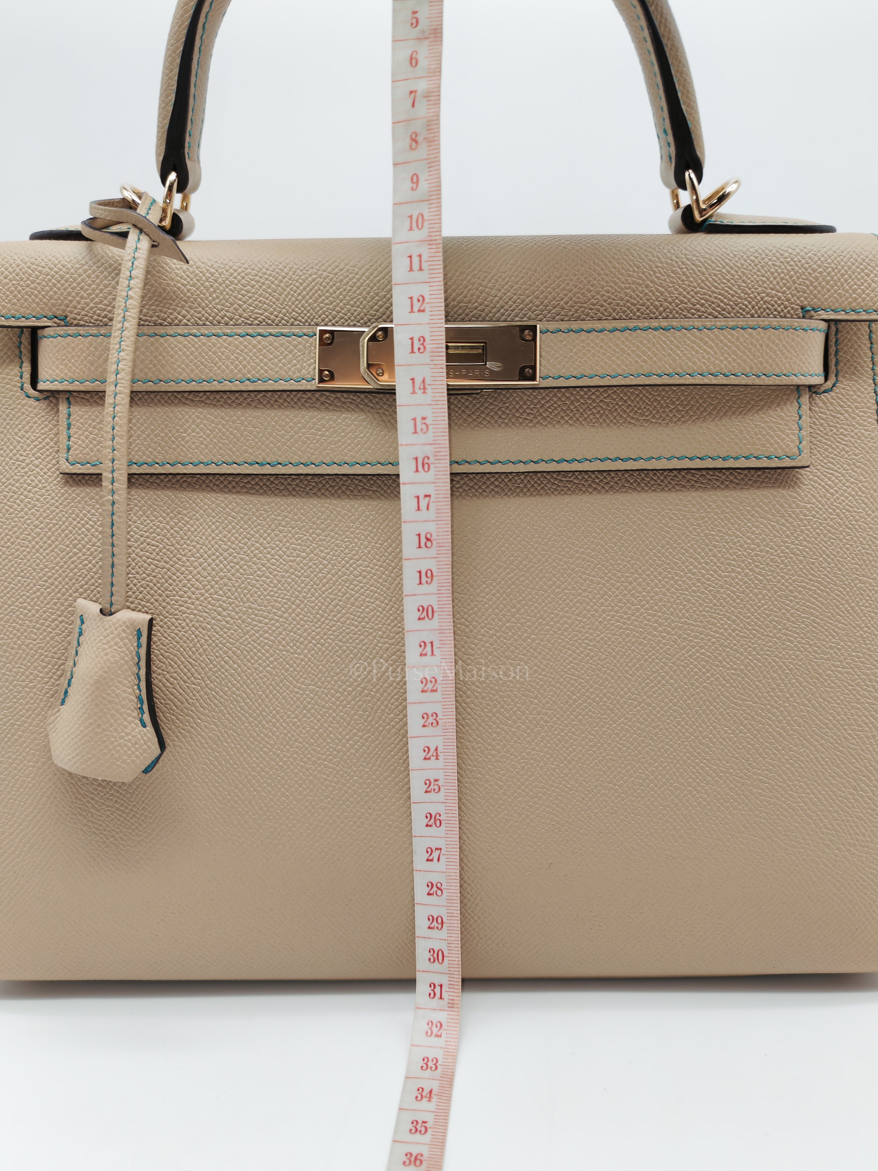 Kelly 28 Sellier Dual Color Trench/Turquoise Epsom Leather in Permabrass Hardware Stamp A(2017) | Purse Maison Luxury Bags Shop