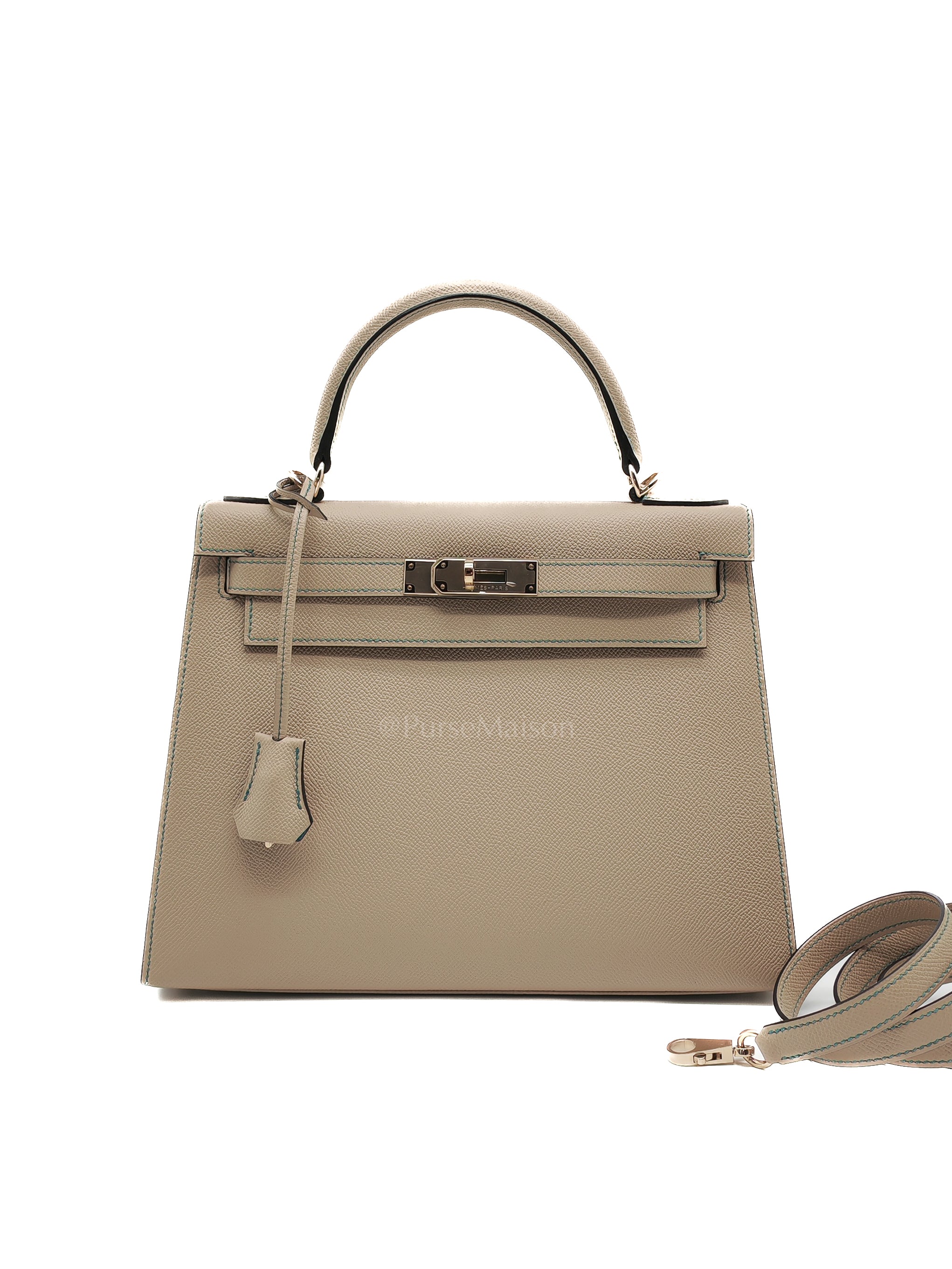 Kelly 28 Sellier Dual Color Trench/Turquoise Epsom Leather in Permabrass Hardware Stamp A(2017) | Purse Maison Luxury Bags Shop