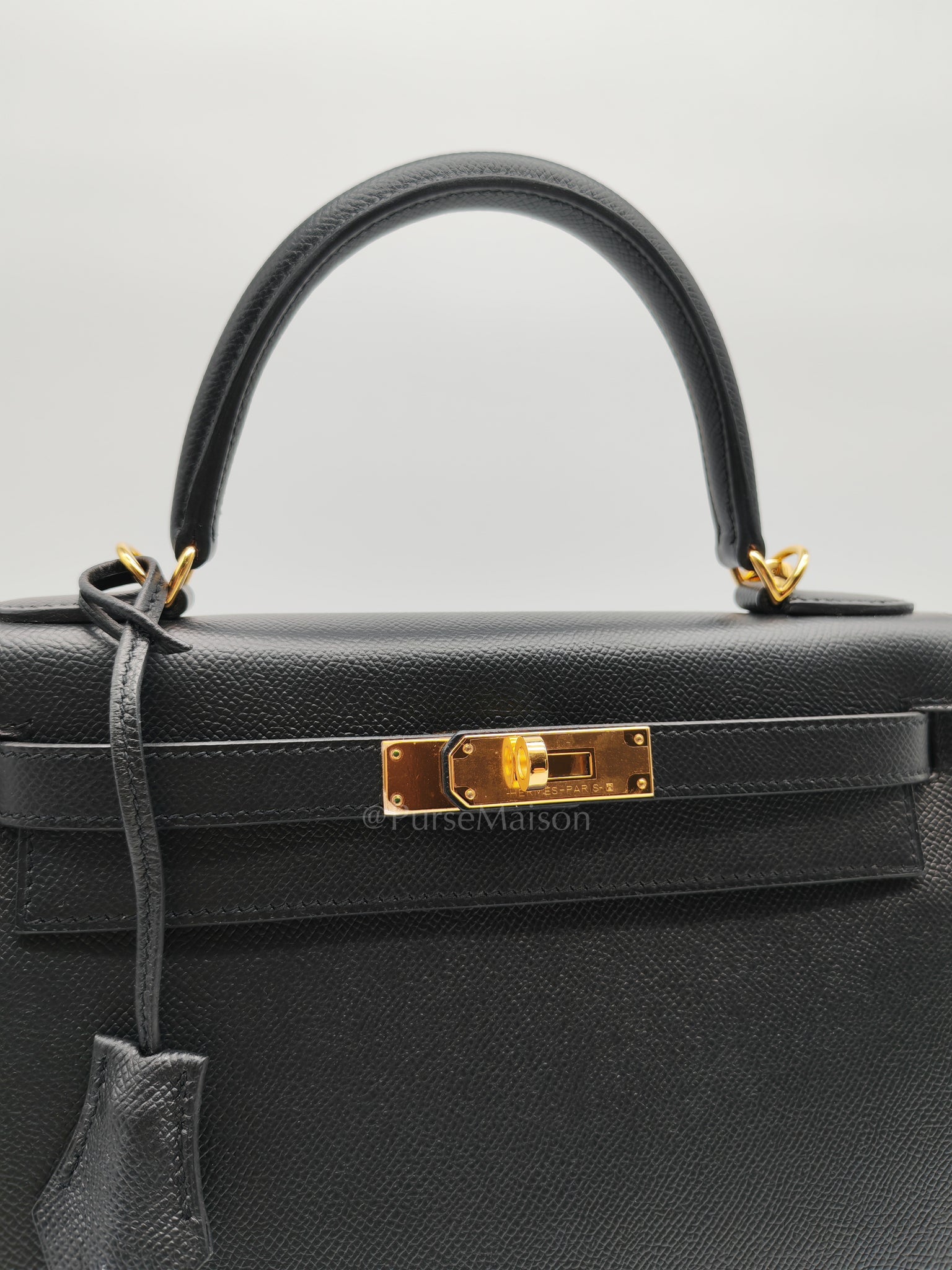 Kelly 28 Sellier in Black Epsom Leather and Gold Hardware Stamp A (2017) | Purse Maison Luxury Bags Shop