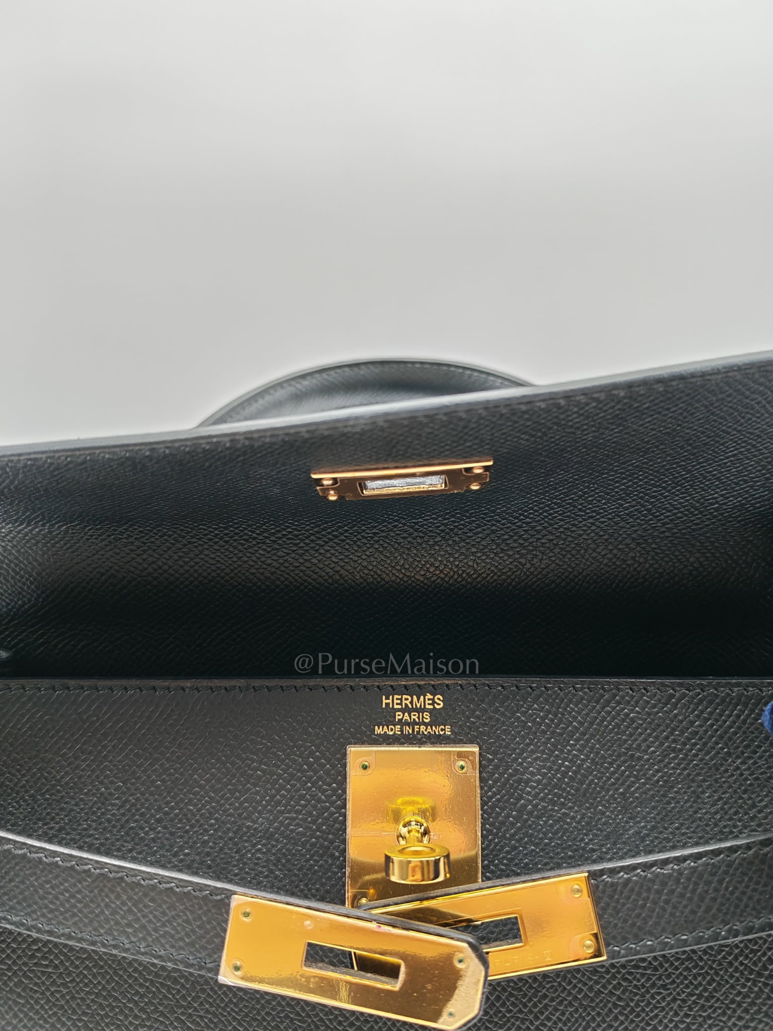 Kelly 28 Sellier in Black Epsom Leather and Gold Hardware Stamp A (2017) | Purse Maison Luxury Bags Shop