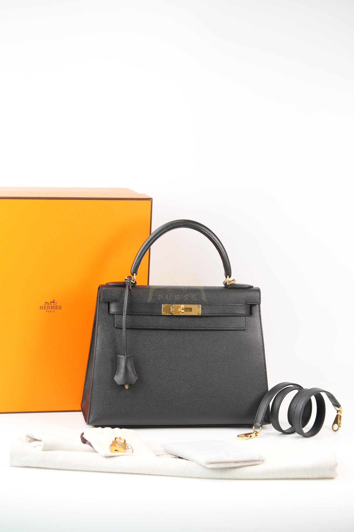 Kelly 28 Sellier in Black Epsom Leather and Gold Hardware Stamp C (2018) | Purse Maison Luxury Bags Shop