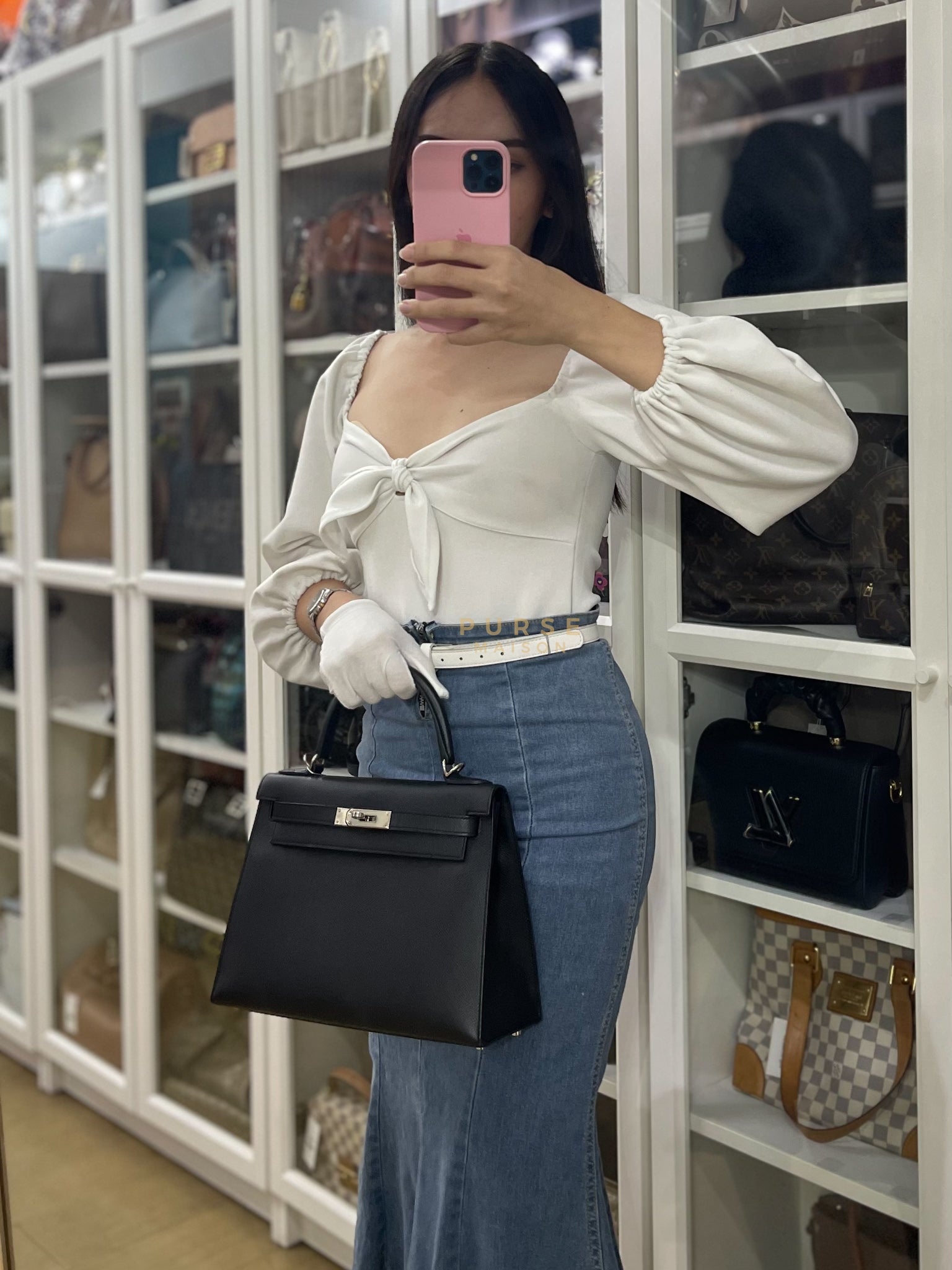 Kelly 28 Sellier in Black Epsom Leather and Palladium Hardware Stamp C (2018) | Purse Maison Luxury Bags Shop