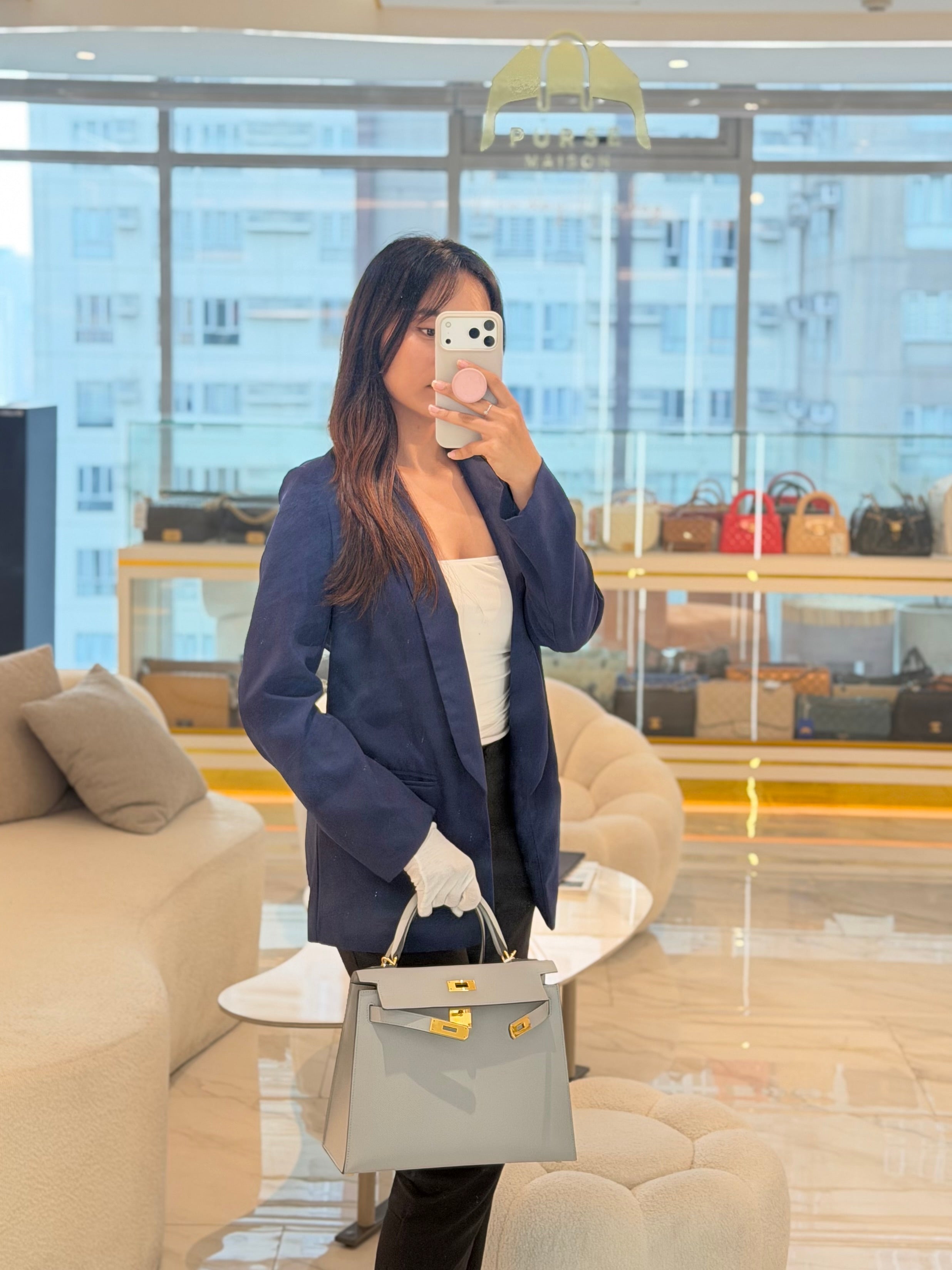 Kelly 28 Sellier in Bleu Glacier Epsom Leather and Gold Hardware Stamp C (2018) | Purse Maison Luxury Bags Shop