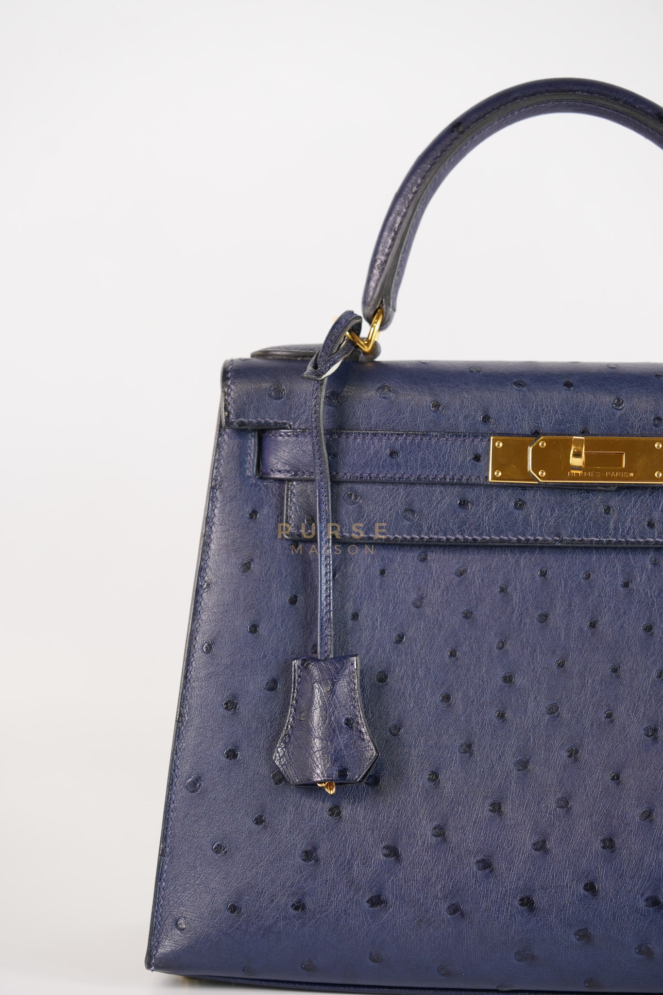 Kelly 28 Sellier in Blue Iris Ostrich Leather and Gold Hardware Stamp T (2015) | Purse Maison Luxury Bags Shop