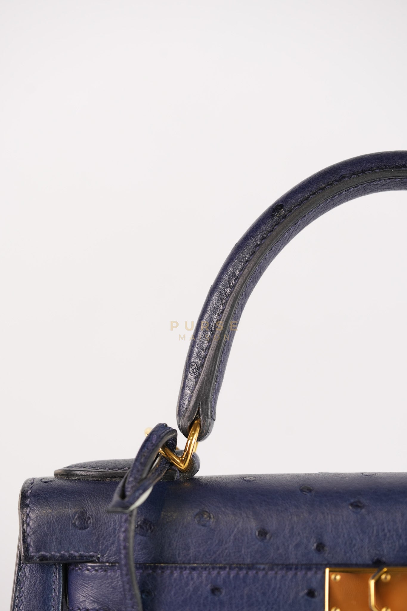 Kelly 28 Sellier in Blue Iris Ostrich Leather and Gold Hardware Stamp T (2015) | Purse Maison Luxury Bags Shop