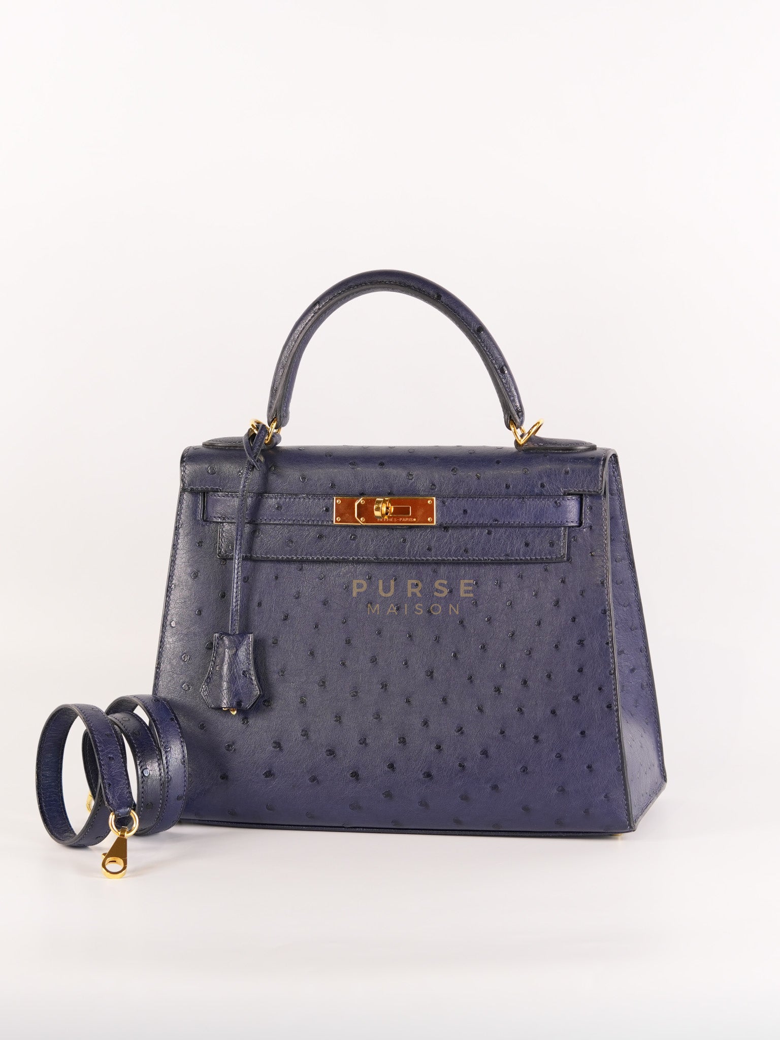 Kelly 28 Sellier in Blue Iris Ostrich Leather and Gold Hardware Stamp T (2015) | Purse Maison Luxury Bags Shop
