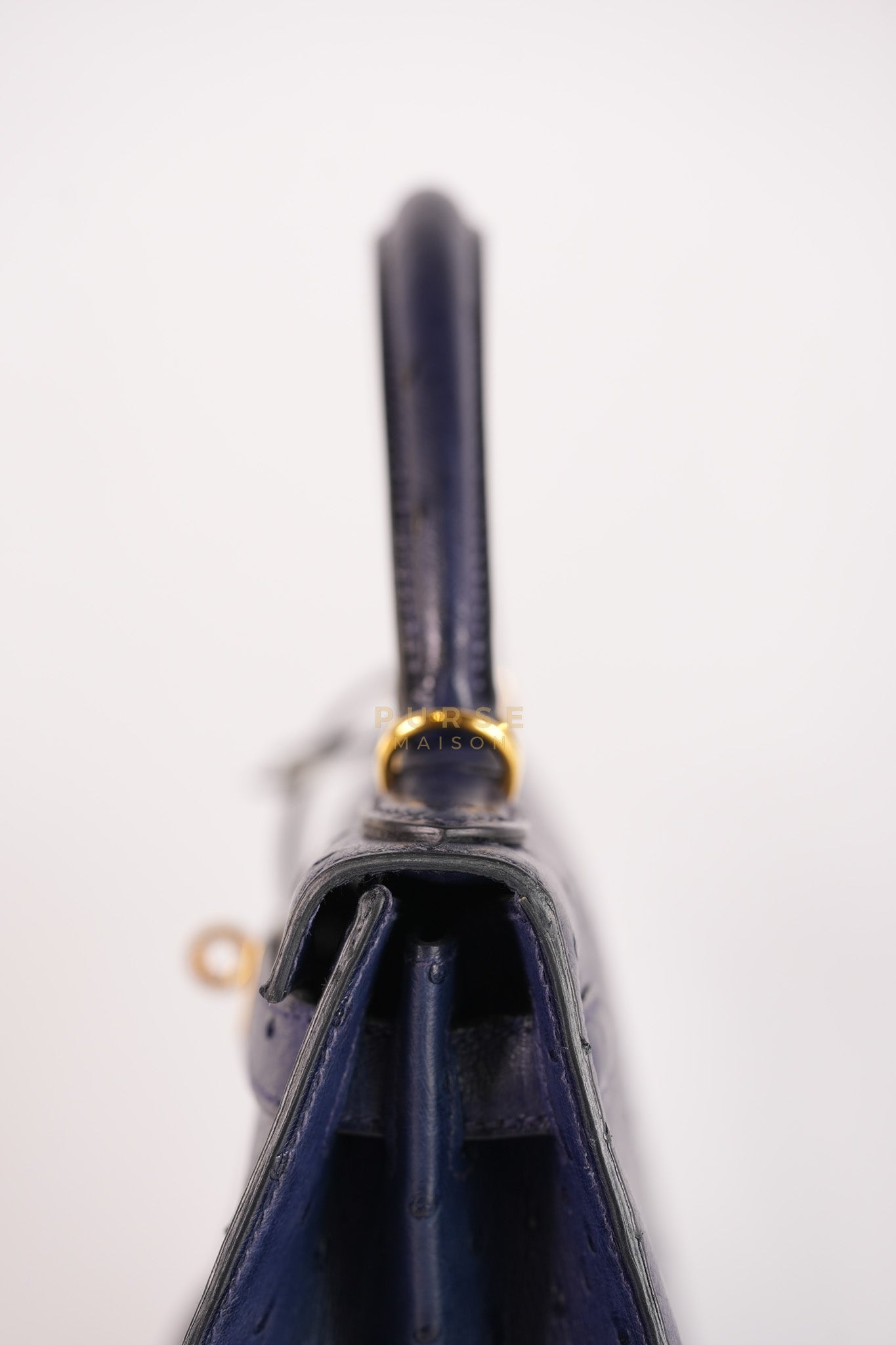 Kelly 28 Sellier in Blue Iris Ostrich Leather and Gold Hardware Stamp T (2015) | Purse Maison Luxury Bags Shop