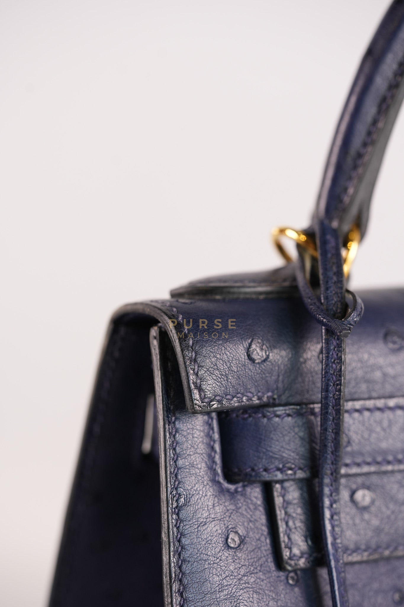 Kelly 28 Sellier in Blue Iris Ostrich Leather and Gold Hardware Stamp T (2015) | Purse Maison Luxury Bags Shop