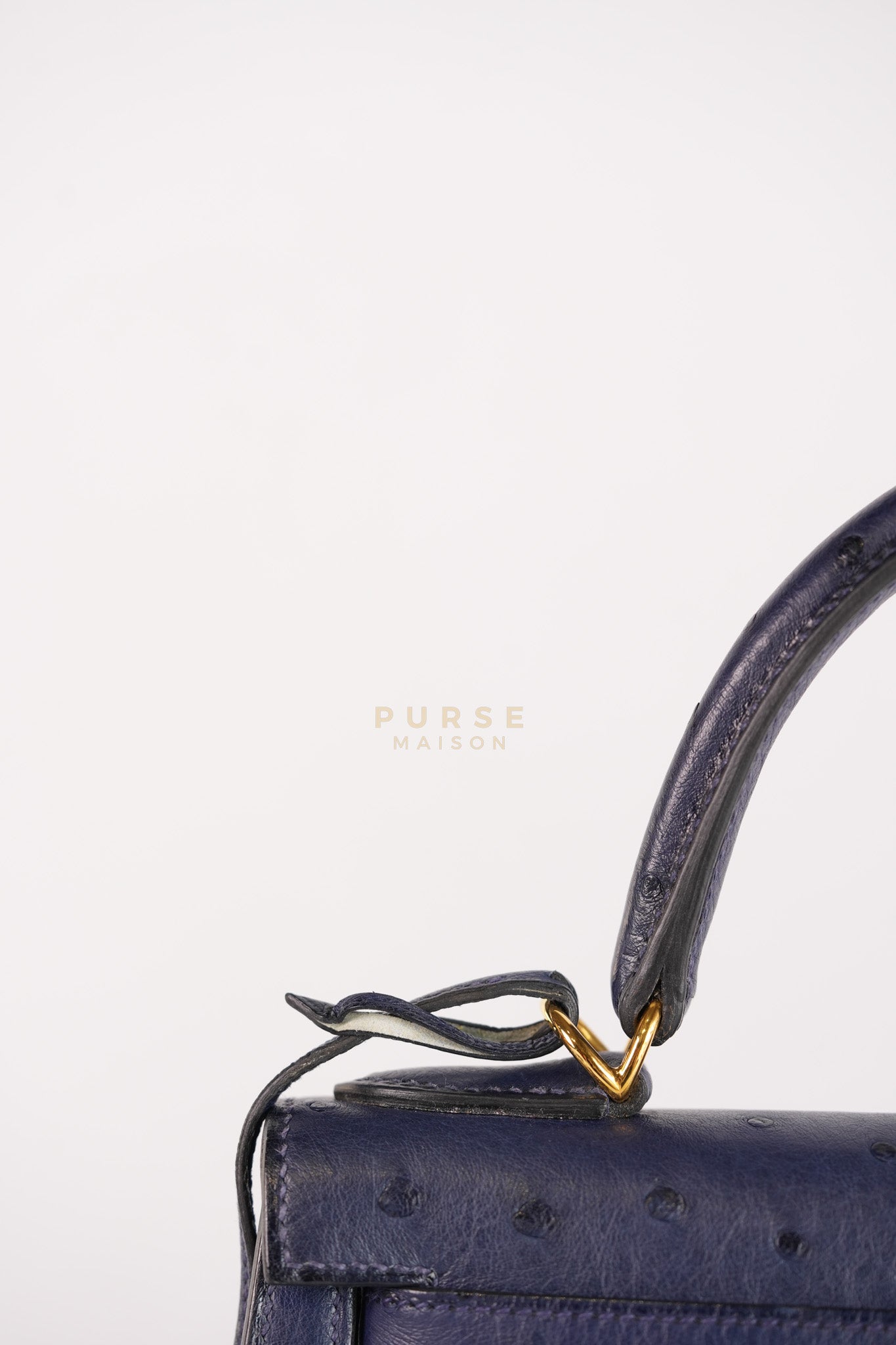 Kelly 28 Sellier in Blue Iris Ostrich Leather and Gold Hardware Stamp T (2015) | Purse Maison Luxury Bags Shop