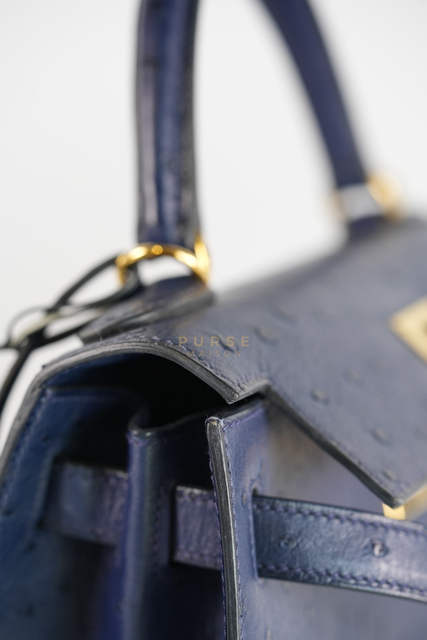 Kelly 28 Sellier in Blue Iris Ostrich Leather and Gold Hardware Stamp T (2015) | Purse Maison Luxury Bags Shop