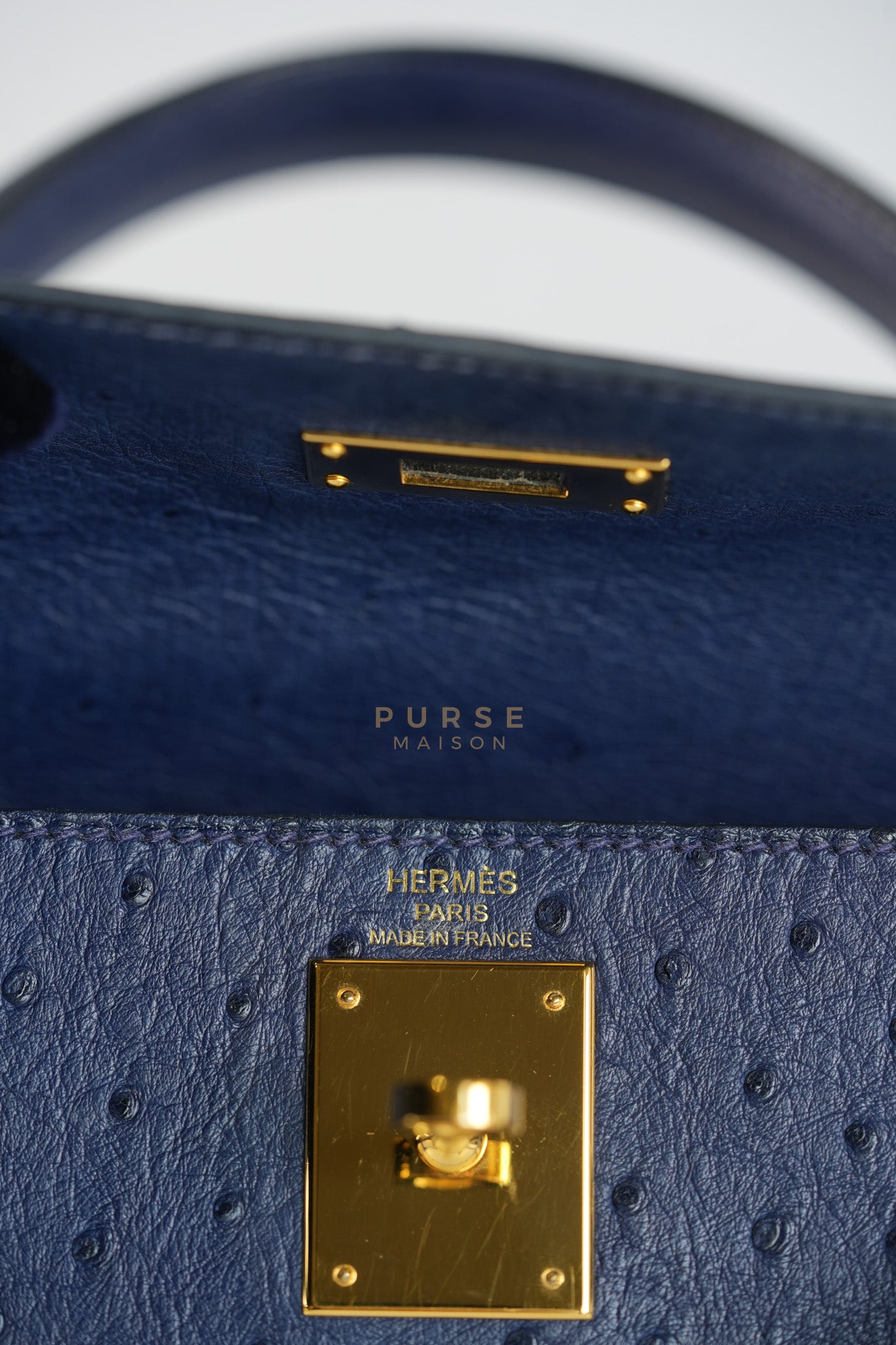 Kelly 28 Sellier in Blue Iris Ostrich Leather and Gold Hardware Stamp T (2015) | Purse Maison Luxury Bags Shop