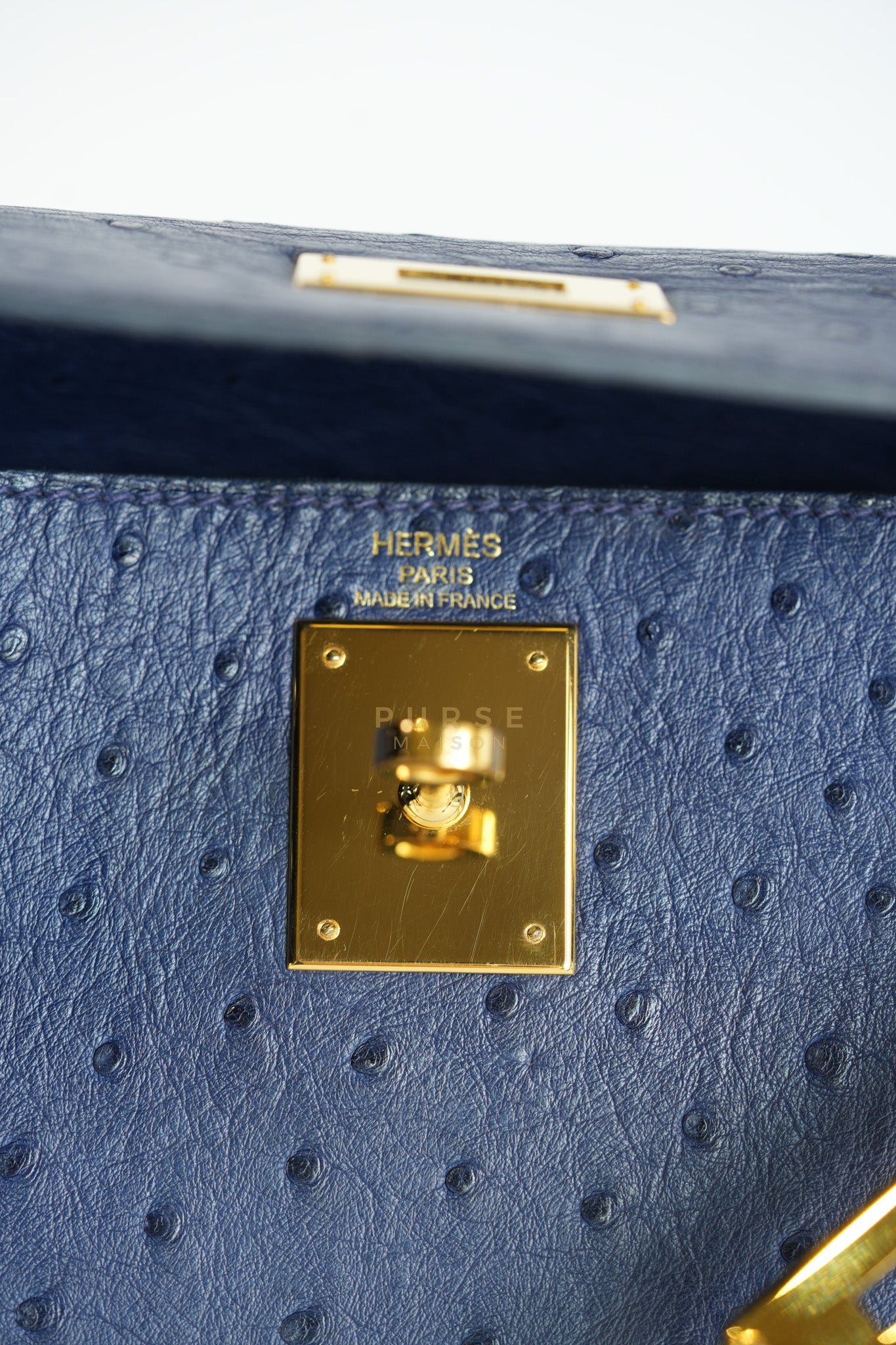 Kelly 28 Sellier in Blue Iris Ostrich Leather and Gold Hardware Stamp T (2015) | Purse Maison Luxury Bags Shop