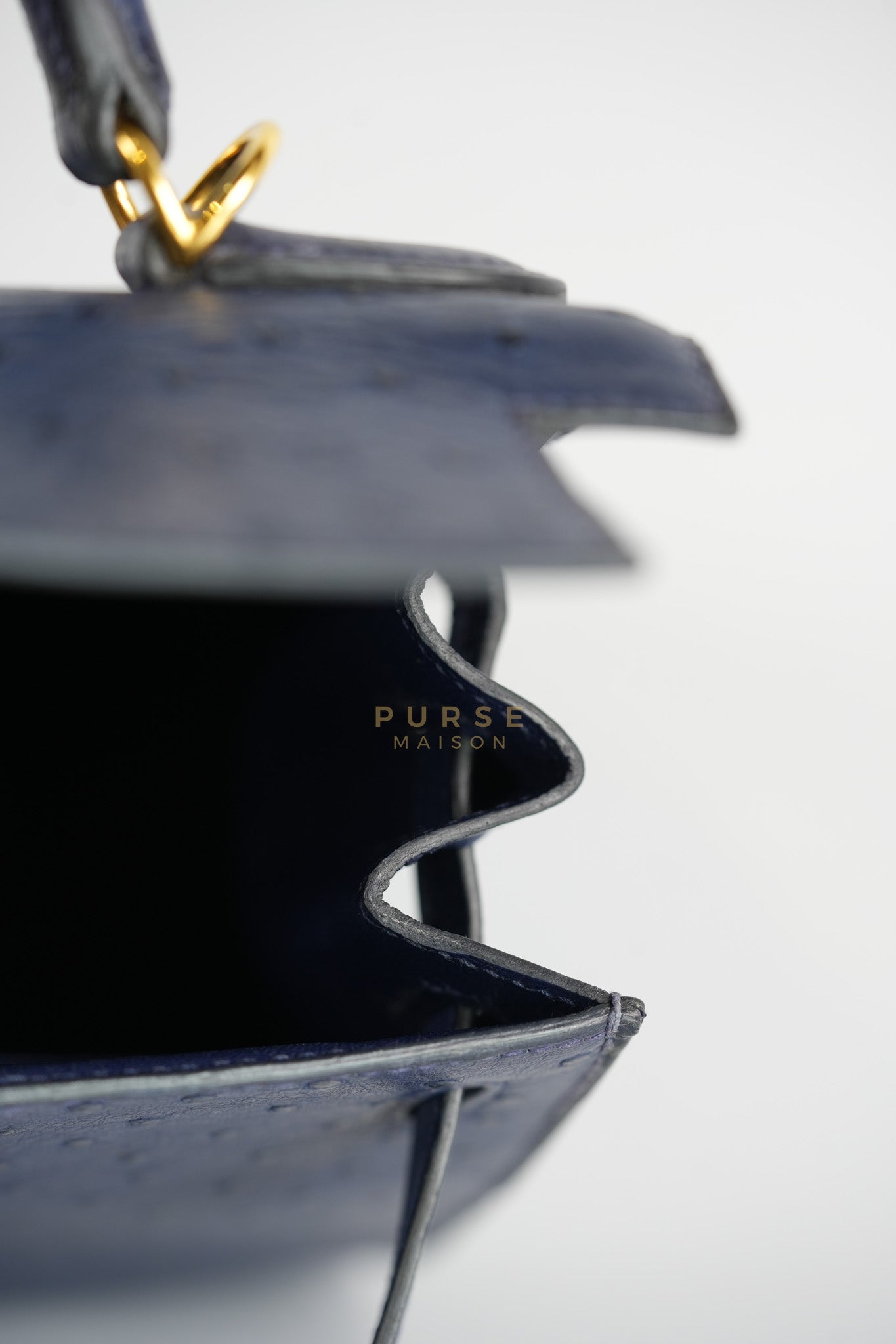 Kelly 28 Sellier in Blue Iris Ostrich Leather and Gold Hardware Stamp T (2015) | Purse Maison Luxury Bags Shop