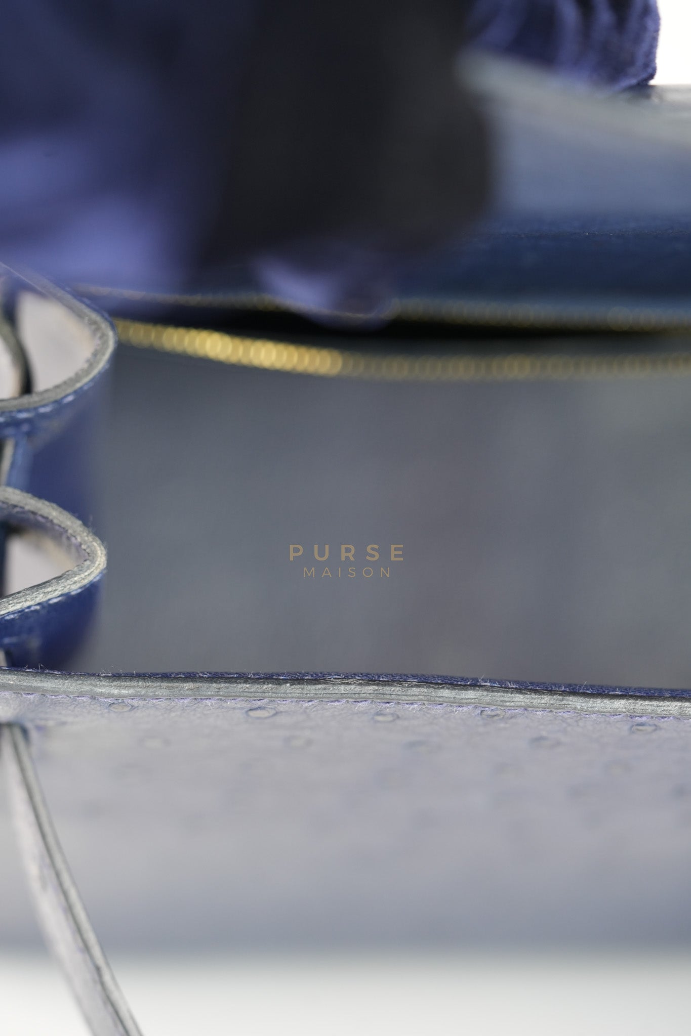 Kelly 28 Sellier in Blue Iris Ostrich Leather and Gold Hardware Stamp T (2015) | Purse Maison Luxury Bags Shop