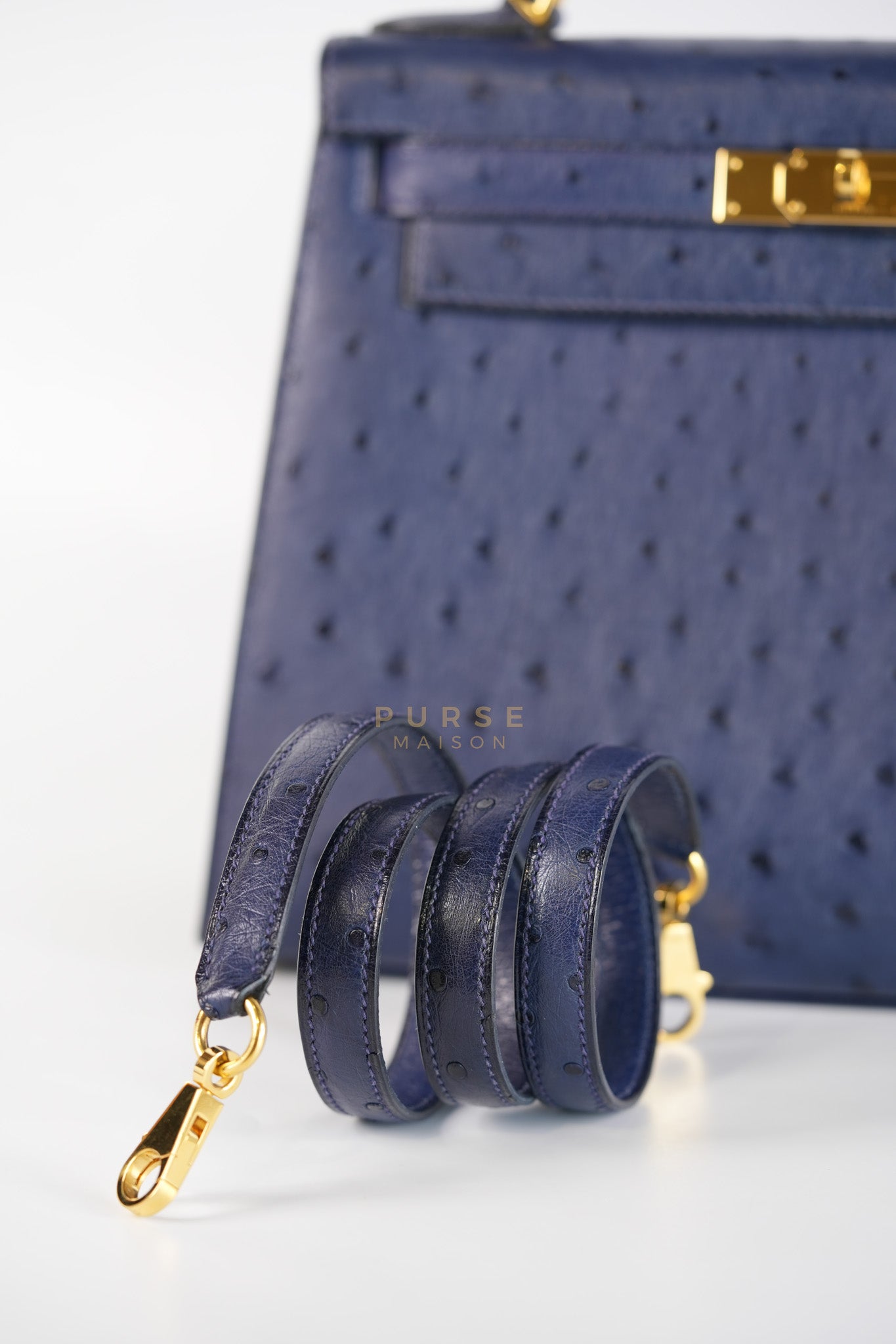 Kelly 28 Sellier in Blue Iris Ostrich Leather and Gold Hardware Stamp T (2015) | Purse Maison Luxury Bags Shop
