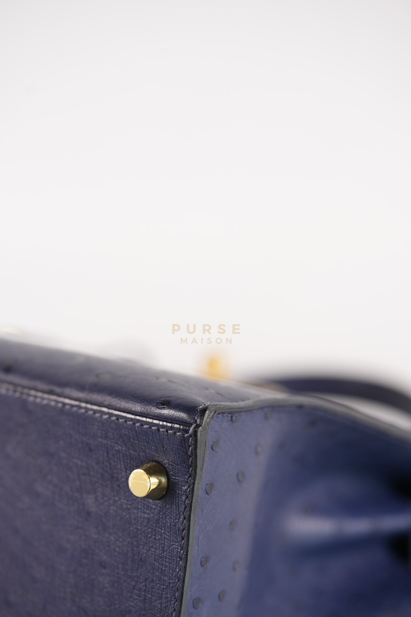 Kelly 28 Sellier in Blue Iris Ostrich Leather and Gold Hardware Stamp T (2015) | Purse Maison Luxury Bags Shop