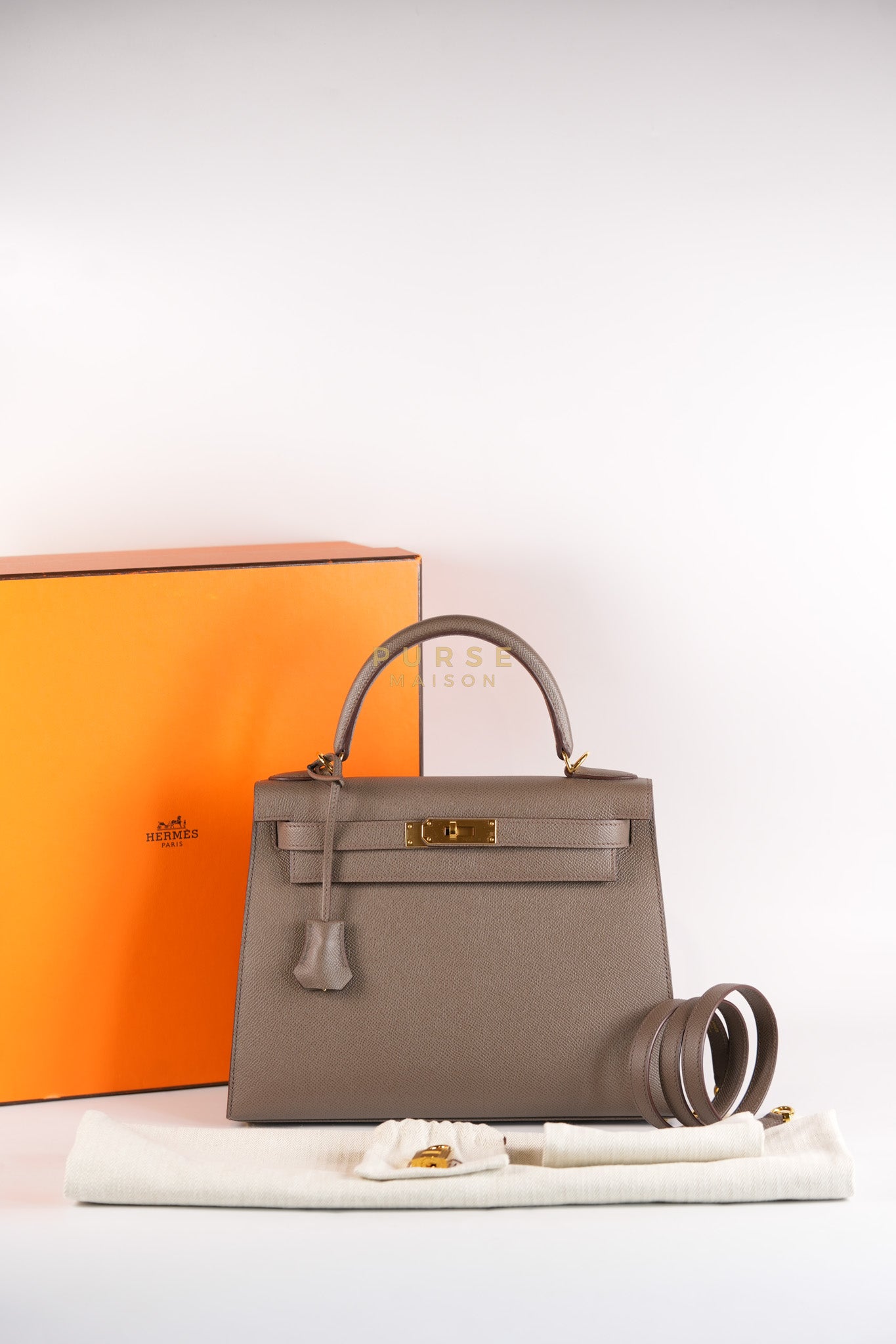 Kelly 28 Sellier in Etain Epsom Leather & Gold Hardware Stamp A (2017) | Purse Maison Luxury Bags Shop