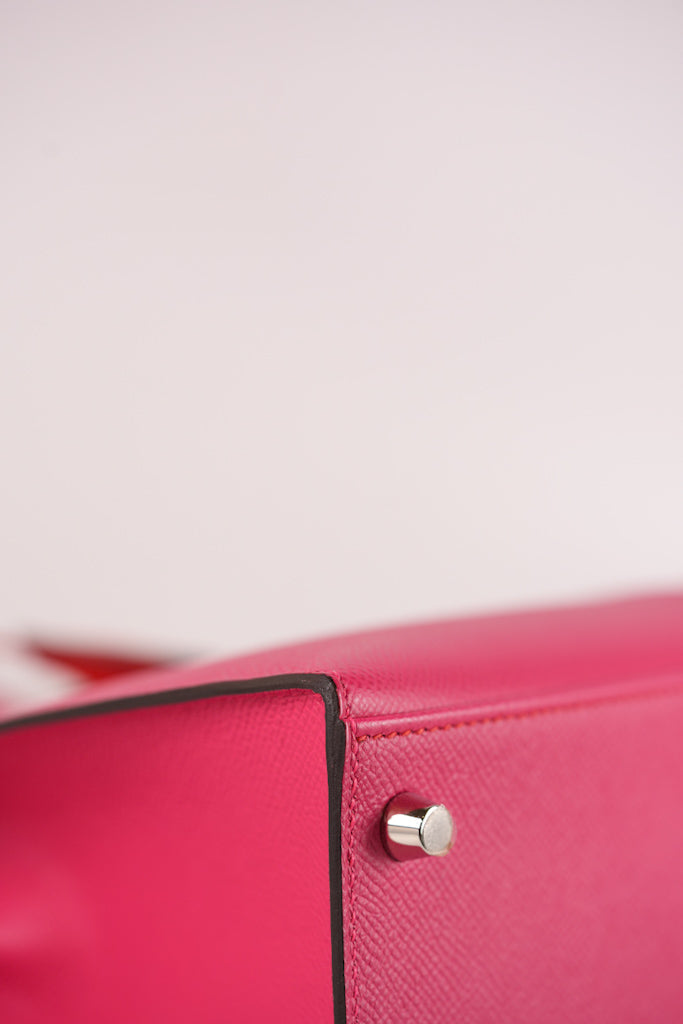 Kelly 28 Sellier in Rouge Coeur/Rose Extreme/Blue Zanzibar Epsom Leather and Palladium Hardware Stamp Z (2021) | Purse Maison Luxury Bags Shop