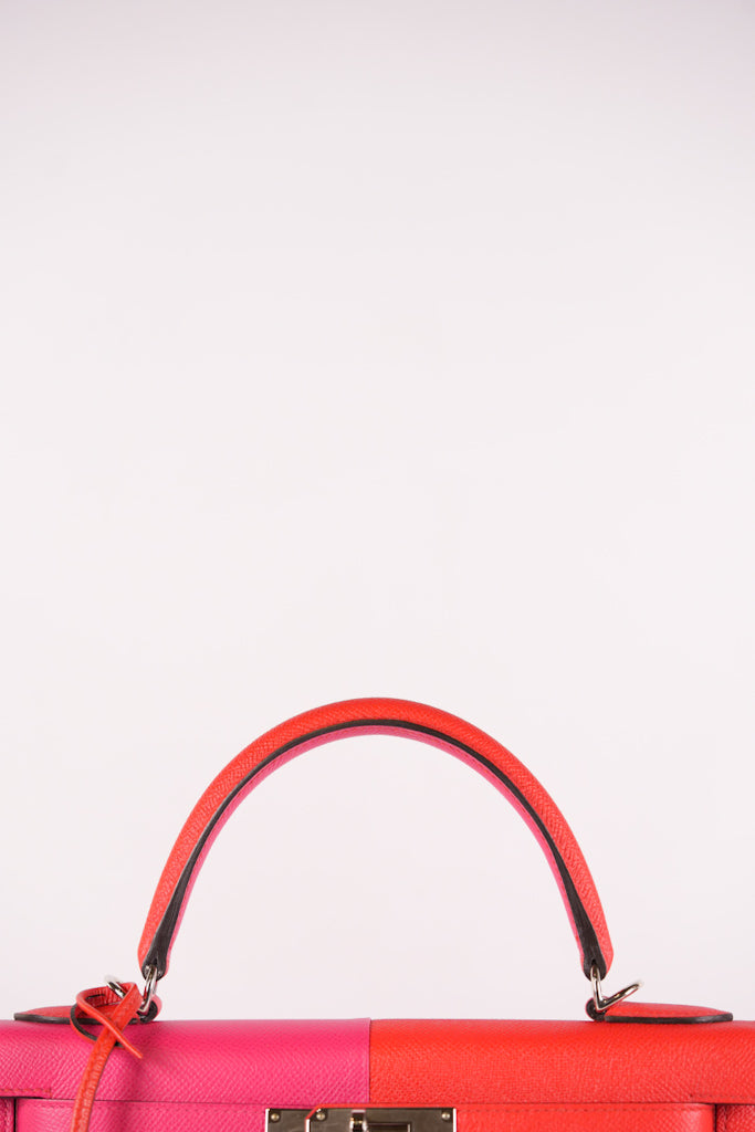 Kelly 28 Sellier in Rouge Coeur/Rose Extreme/Blue Zanzibar Epsom Leather and Palladium Hardware Stamp Z (2021) | Purse Maison Luxury Bags Shop