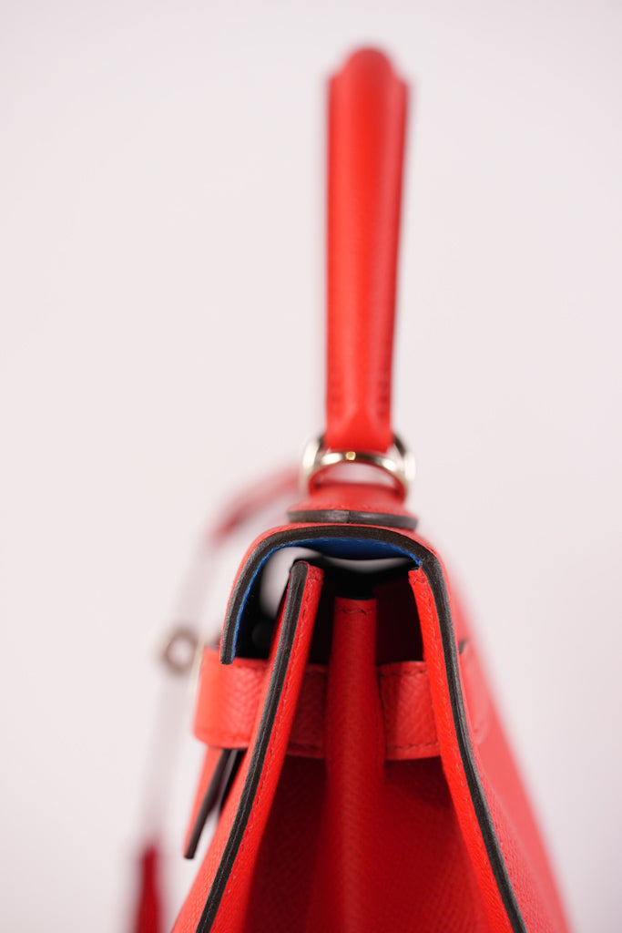 Kelly 28 Sellier in Rouge Coeur/Rose Extreme/Blue Zanzibar Epsom Leather and Palladium Hardware Stamp Z (2021) | Purse Maison Luxury Bags Shop