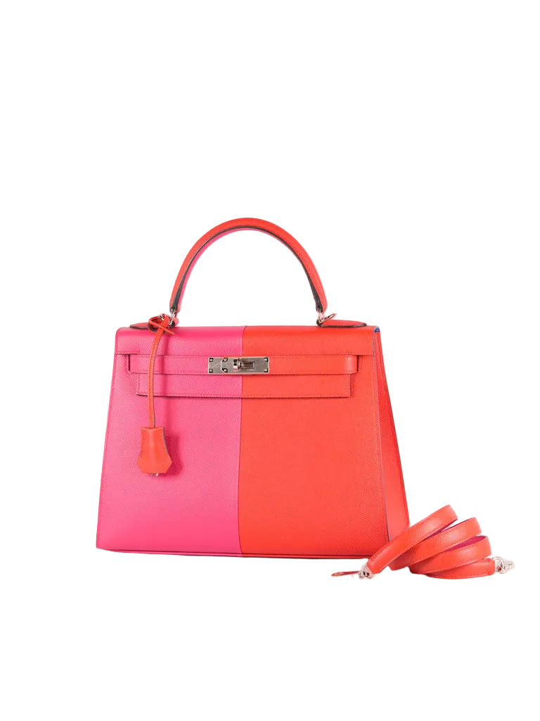 Kelly 28 Sellier in Rouge Coeur/Rose Extreme/Blue Zanzibar Epsom Leather and Palladium Hardware Stamp Z (2021) | Purse Maison Luxury Bags Shop