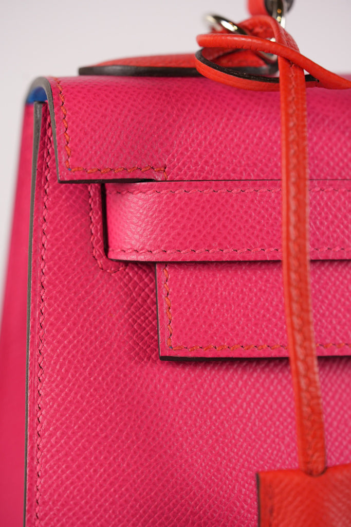 Kelly 28 Sellier in Rouge Coeur/Rose Extreme/Blue Zanzibar Epsom Leather and Palladium Hardware Stamp Z (2021) | Purse Maison Luxury Bags Shop