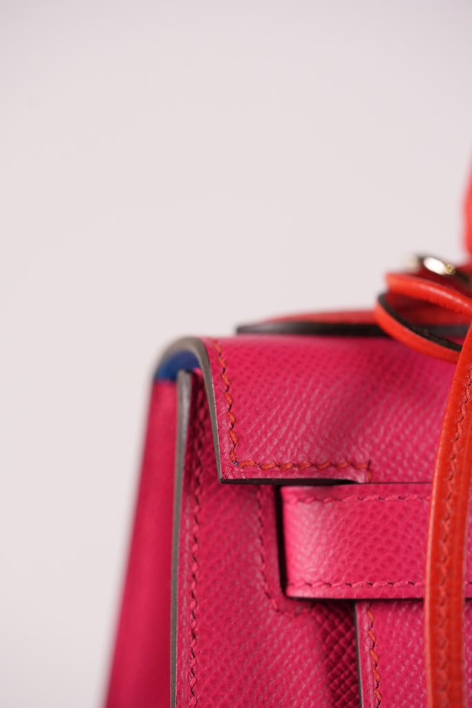 Kelly 28 Sellier in Rouge Coeur/Rose Extreme/Blue Zanzibar Epsom Leather and Palladium Hardware Stamp Z (2021) | Purse Maison Luxury Bags Shop