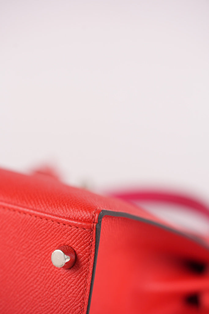 Kelly 28 Sellier in Rouge Coeur/Rose Extreme/Blue Zanzibar Epsom Leather and Palladium Hardware Stamp Z (2021) | Purse Maison Luxury Bags Shop