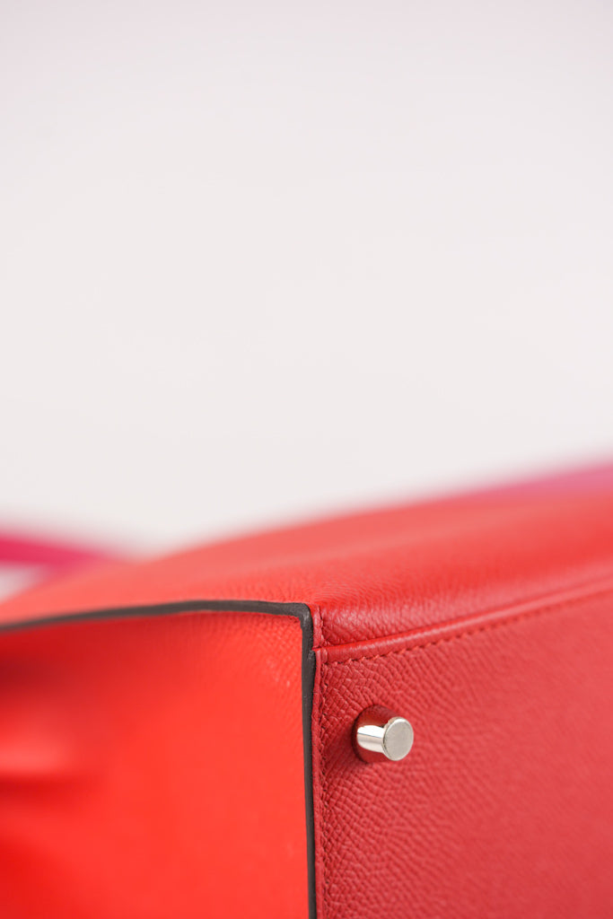 Kelly 28 Sellier in Rouge Coeur/Rose Extreme/Blue Zanzibar Epsom Leather and Palladium Hardware Stamp Z (2021) | Purse Maison Luxury Bags Shop
