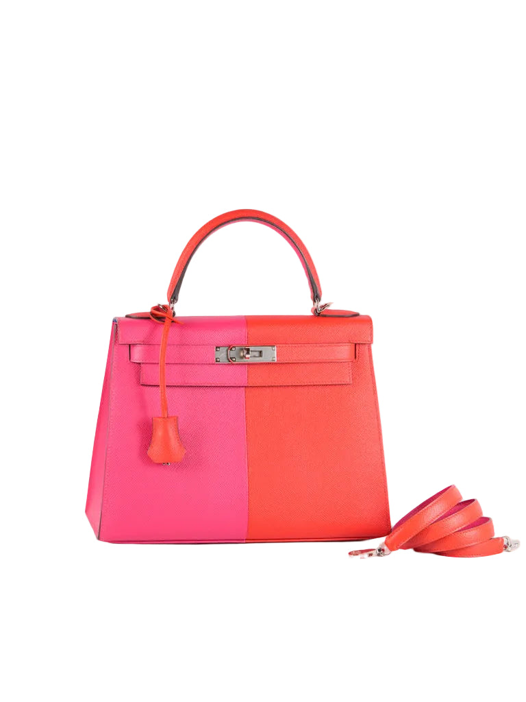 Kelly 28 Sellier in Rouge Coeur/Rose Extreme/Blue Zanzibar Epsom Leather and Palladium Hardware Stamp Z (2021) | Purse Maison Luxury Bags Shop