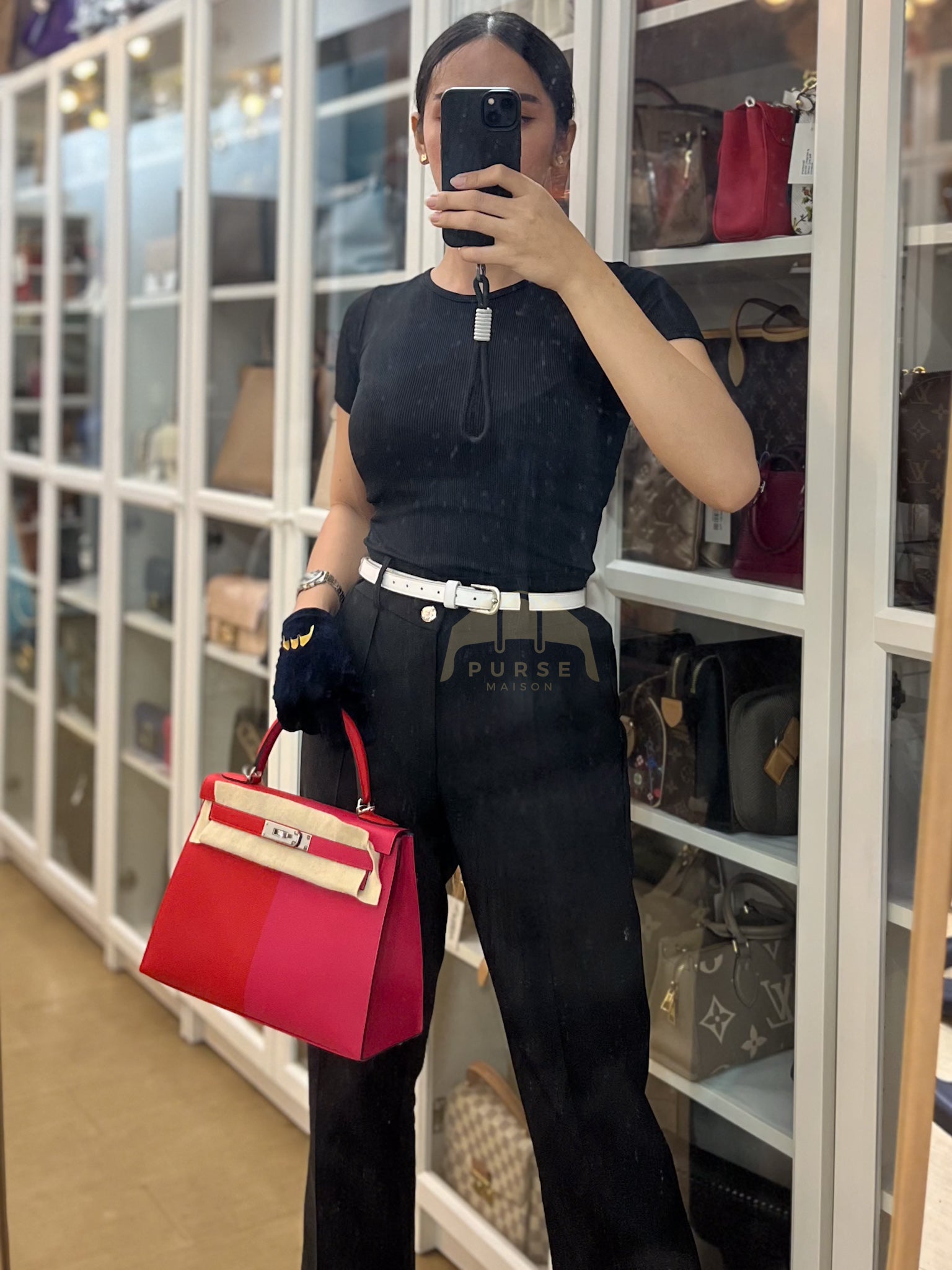 Kelly 28 Sellier in Rouge Coeur/Rose Extreme/Blue Zanzibar Epsom Leather and Palladium Hardware Stamp Z (2021) | Purse Maison Luxury Bags Shop