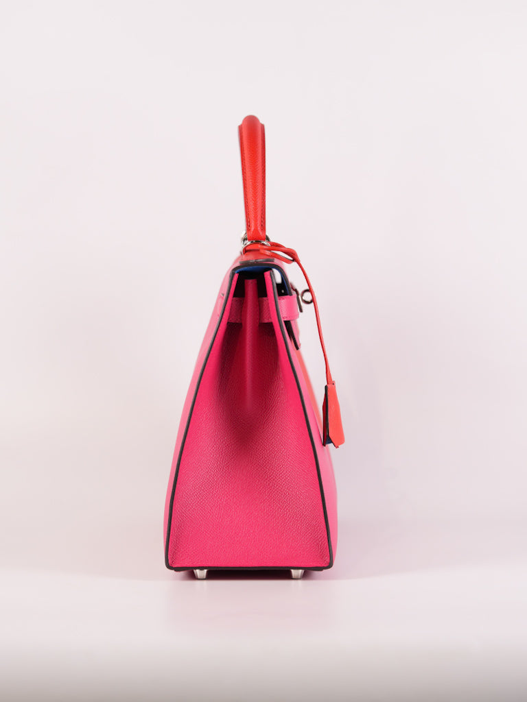 Kelly 28 Sellier in Rouge Coeur/Rose Extreme/Blue Zanzibar Epsom Leather and Palladium Hardware Stamp Z (2021) | Purse Maison Luxury Bags Shop