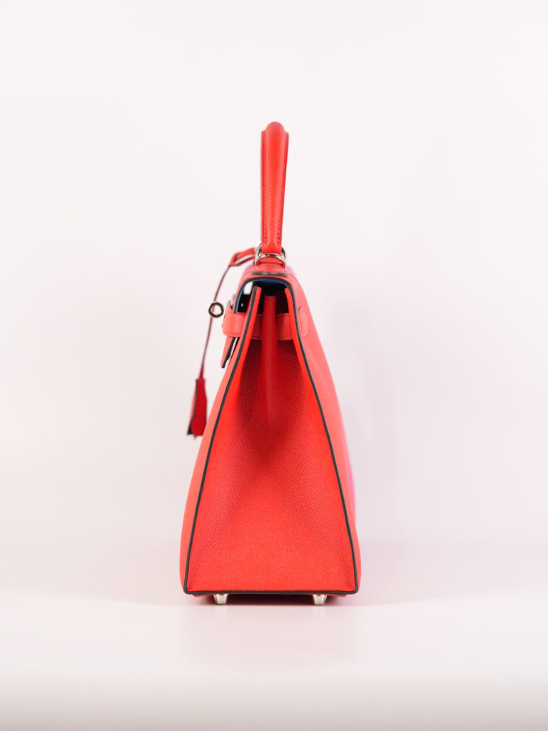 Kelly 28 Sellier in Rouge Coeur/Rose Extreme/Blue Zanzibar Epsom Leather and Palladium Hardware Stamp Z (2021) | Purse Maison Luxury Bags Shop