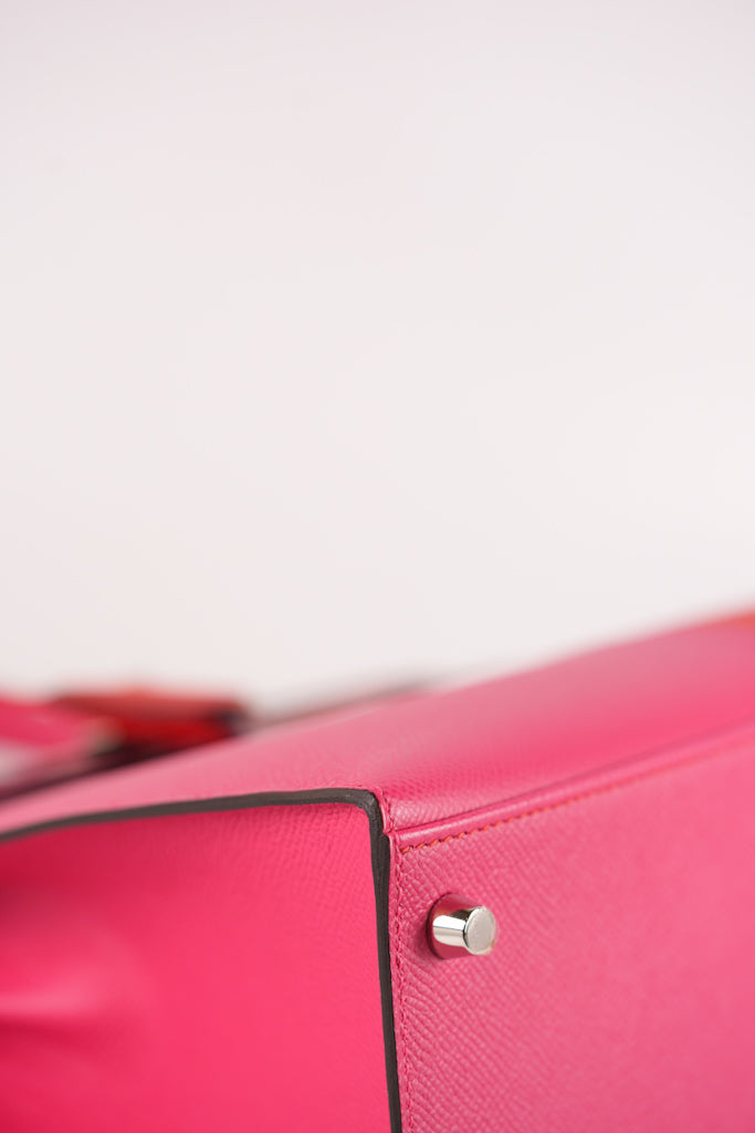 Kelly 28 Sellier in Rouge Coeur/Rose Extreme/Blue Zanzibar Epsom Leather and Palladium Hardware Stamp Z (2021) | Purse Maison Luxury Bags Shop
