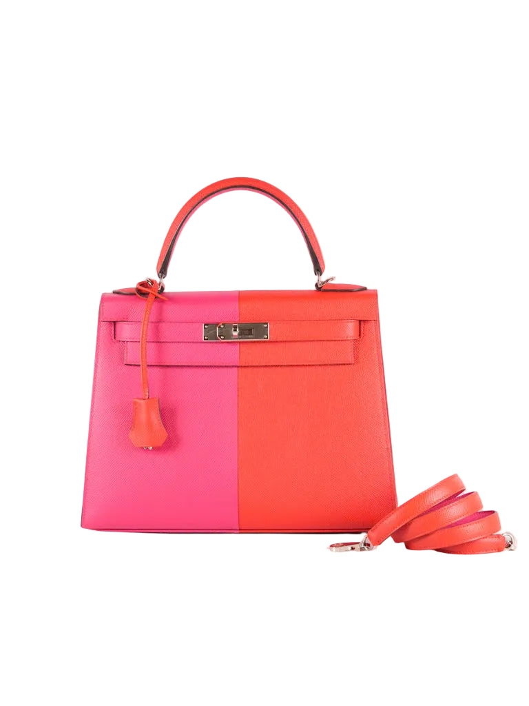 Kelly 28 Sellier in Rouge Coeur/Rose Extreme/Blue Zanzibar Epsom Leather and Palladium Hardware Stamp Z (2021) | Purse Maison Luxury Bags Shop
