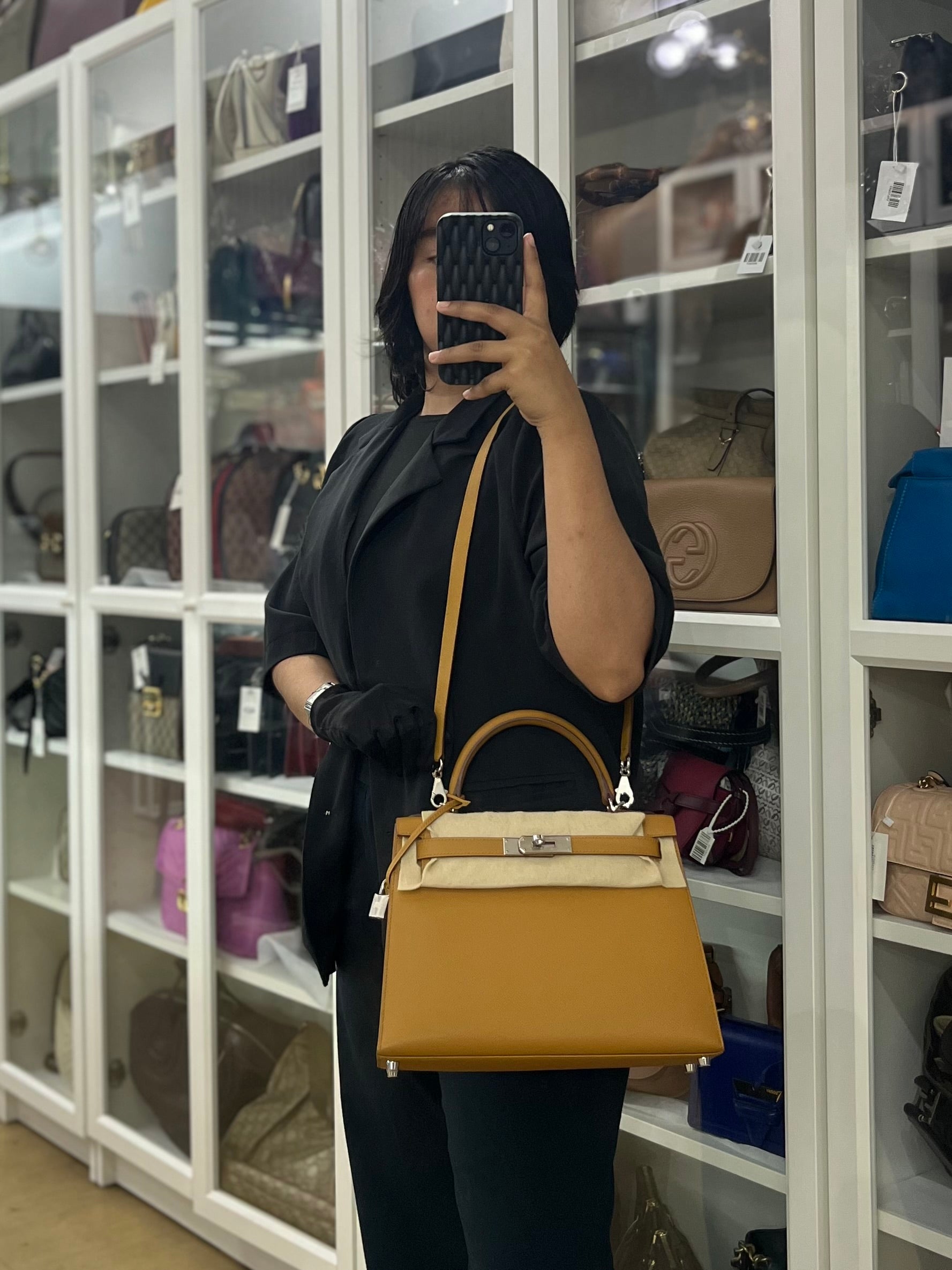 Kelly 28 Sellier in Sesame Epsom Leather Palladium Hardware Stamp Y (2020) | Purse Maison Luxury Bags Shop