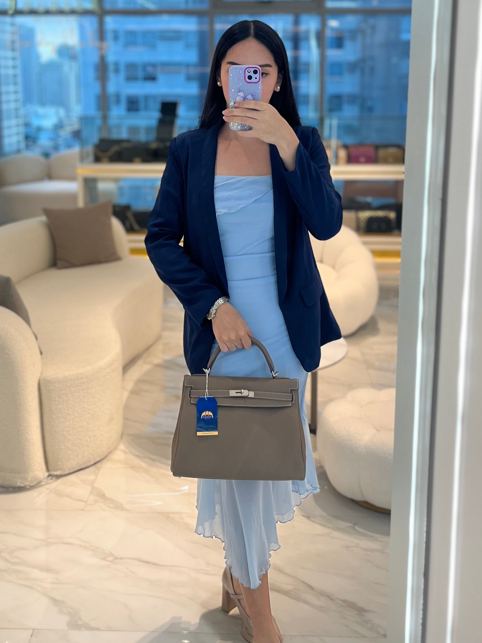 Kelly 32 Etoupe in Togo Leather and Palladium Hardware Stamp Square Q (2013) | Purse Maison Luxury Bags Shop