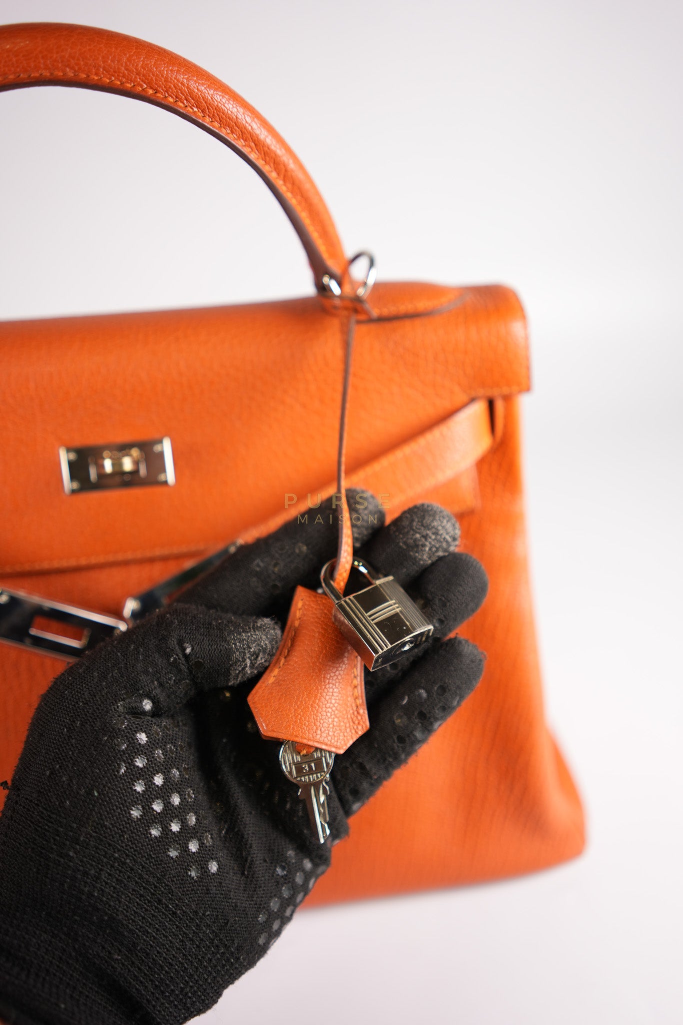 Kelly 32 in Orange Togo Leather Palladium Hardware Stamp M Square(2009) | Purse Maison Luxury Bags Shop