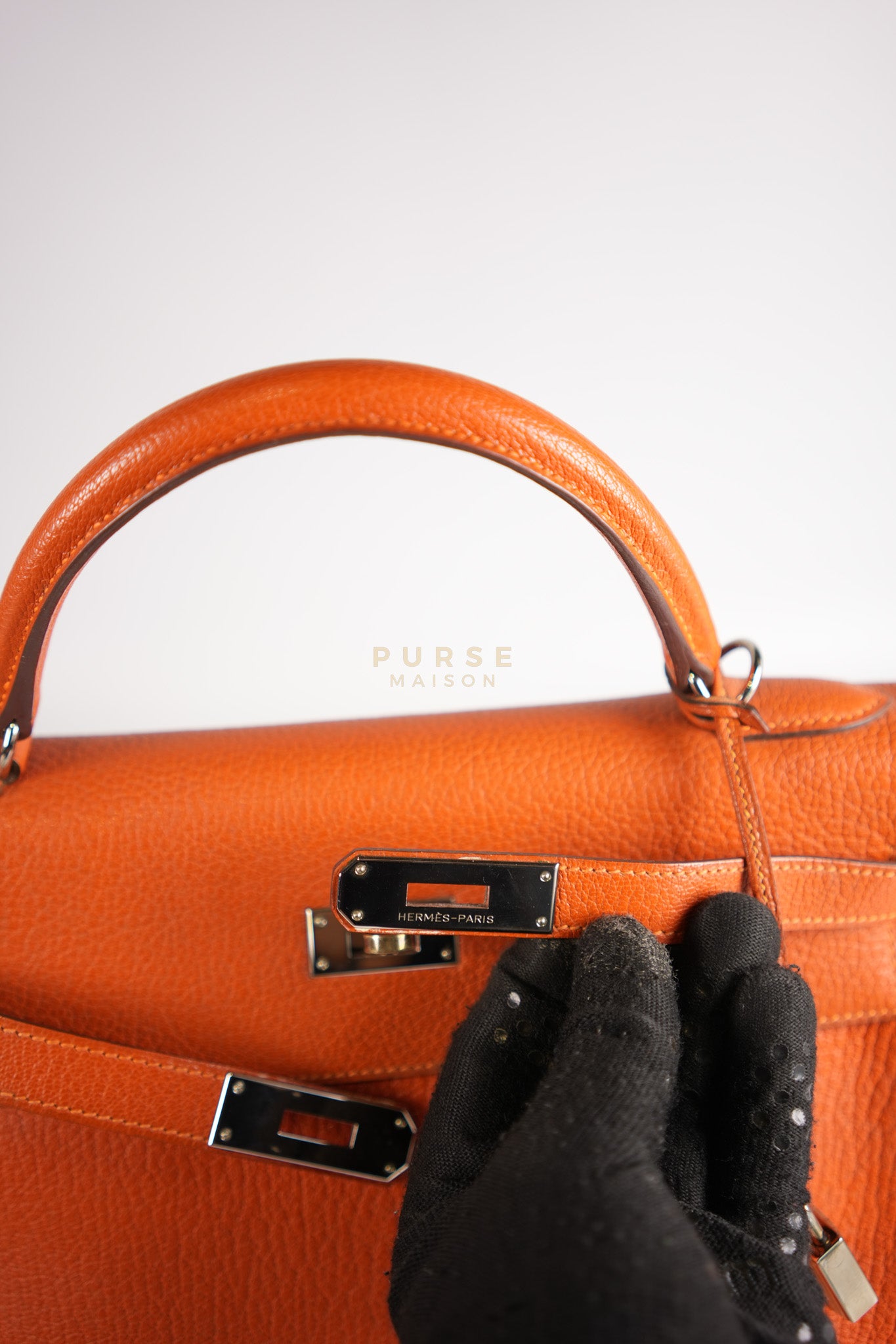 Kelly 32 in Orange Togo Leather Palladium Hardware Stamp M Square(2009) | Purse Maison Luxury Bags Shop
