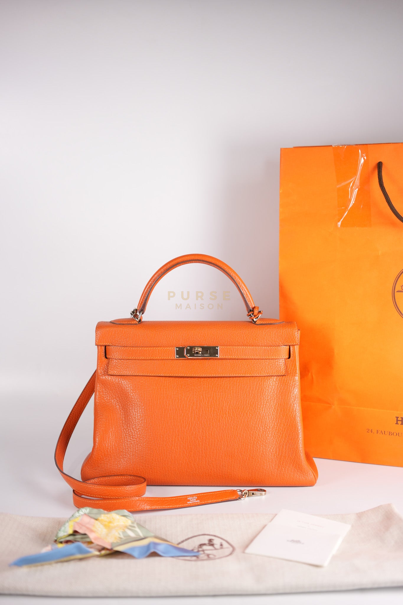 Kelly 32 in Orange Togo Leather Palladium Hardware Stamp M Square(2009) | Purse Maison Luxury Bags Shop