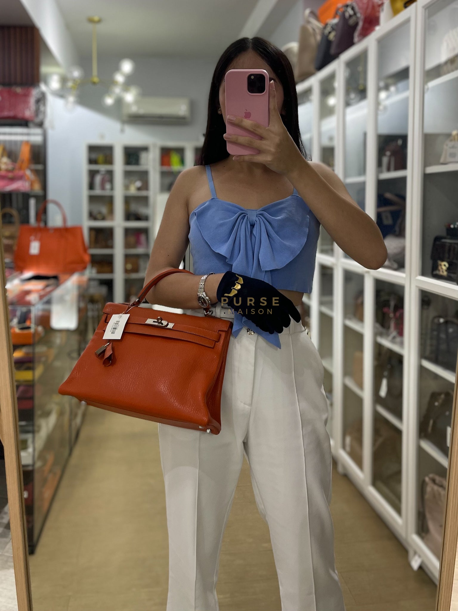 Kelly 32 in Orange Togo Leather Palladium Hardware Stamp M Square(2009) | Purse Maison Luxury Bags Shop